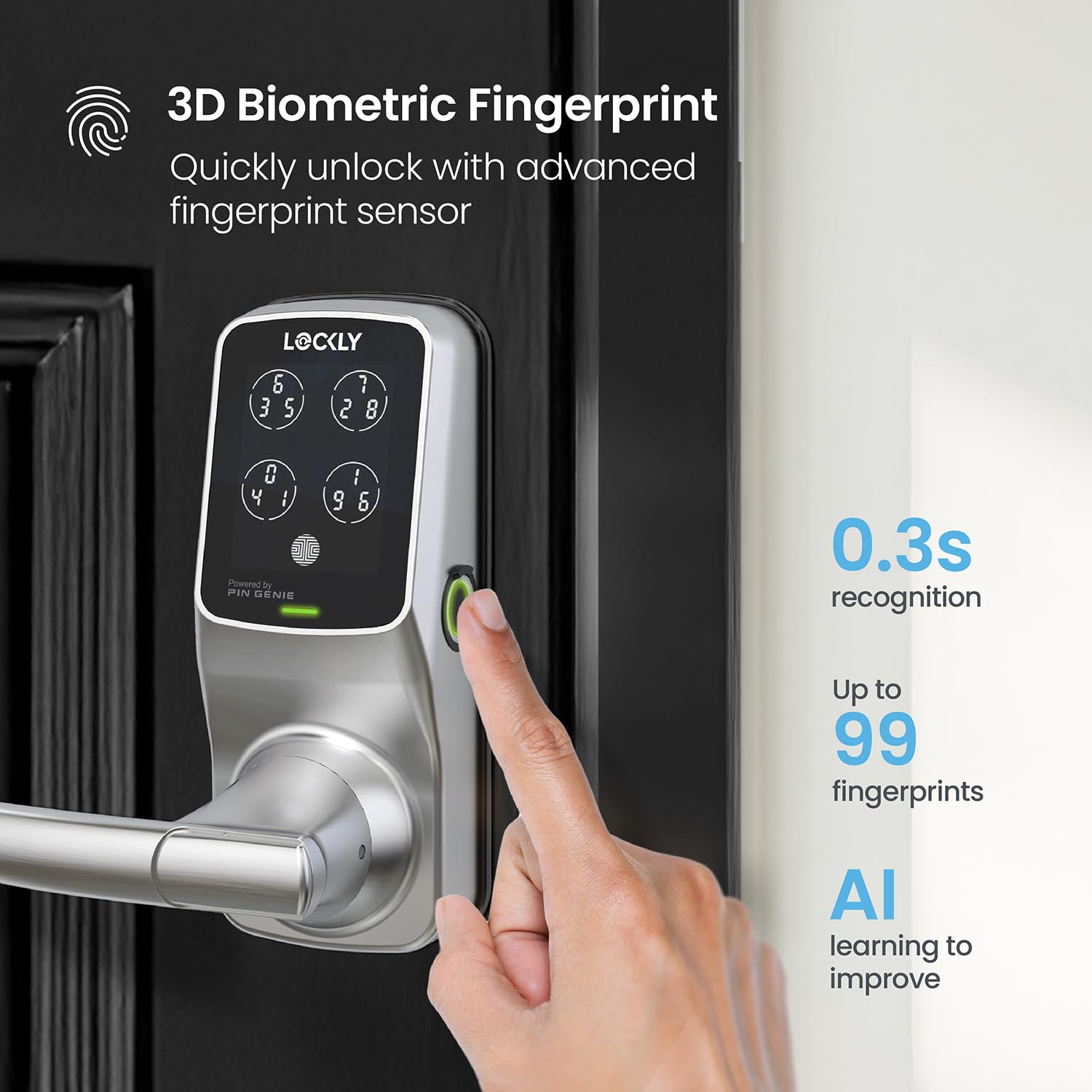 Lockly Secure Pro Smart Lock with Wi-Fi, Keyless Entry Digital Keypad & 3D Biometric Fingerprint Sensor - Touchscreen Front Door Lock with Handle, Voice Control & Auto-Lock (Latch Edition) - Perfect for Smart Homes, Vacation Rentals & Enhanced Home Security