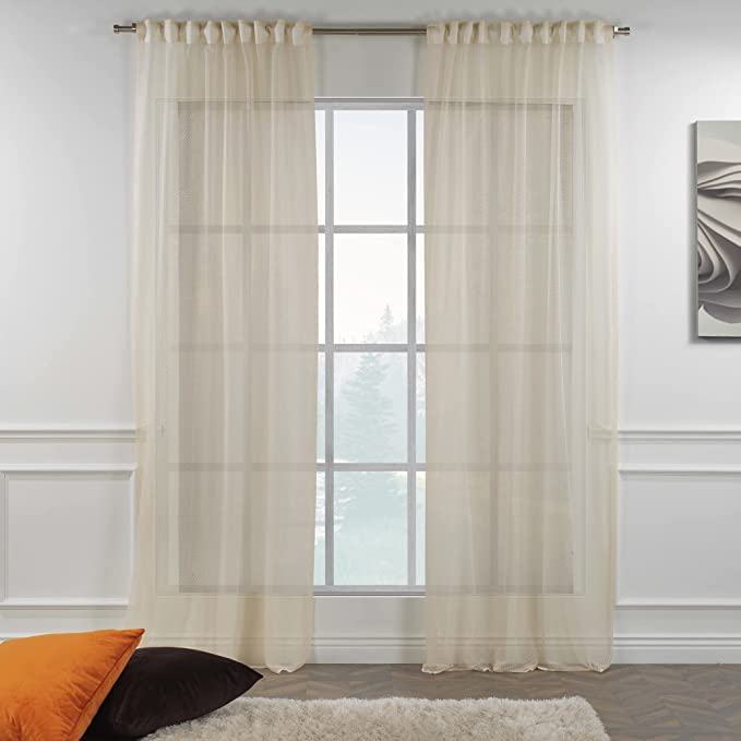 Beige Lace Sheer Curtains with Dots Pattern - Set of 2 Extra Long Panels (52