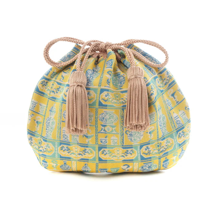 Handmade Kyoto Nishijin Silk Drawstring Pouch - Snake & Yellow Japanese Traditional Craft Purse | Gift, Coin Pouch, Festival Accessory