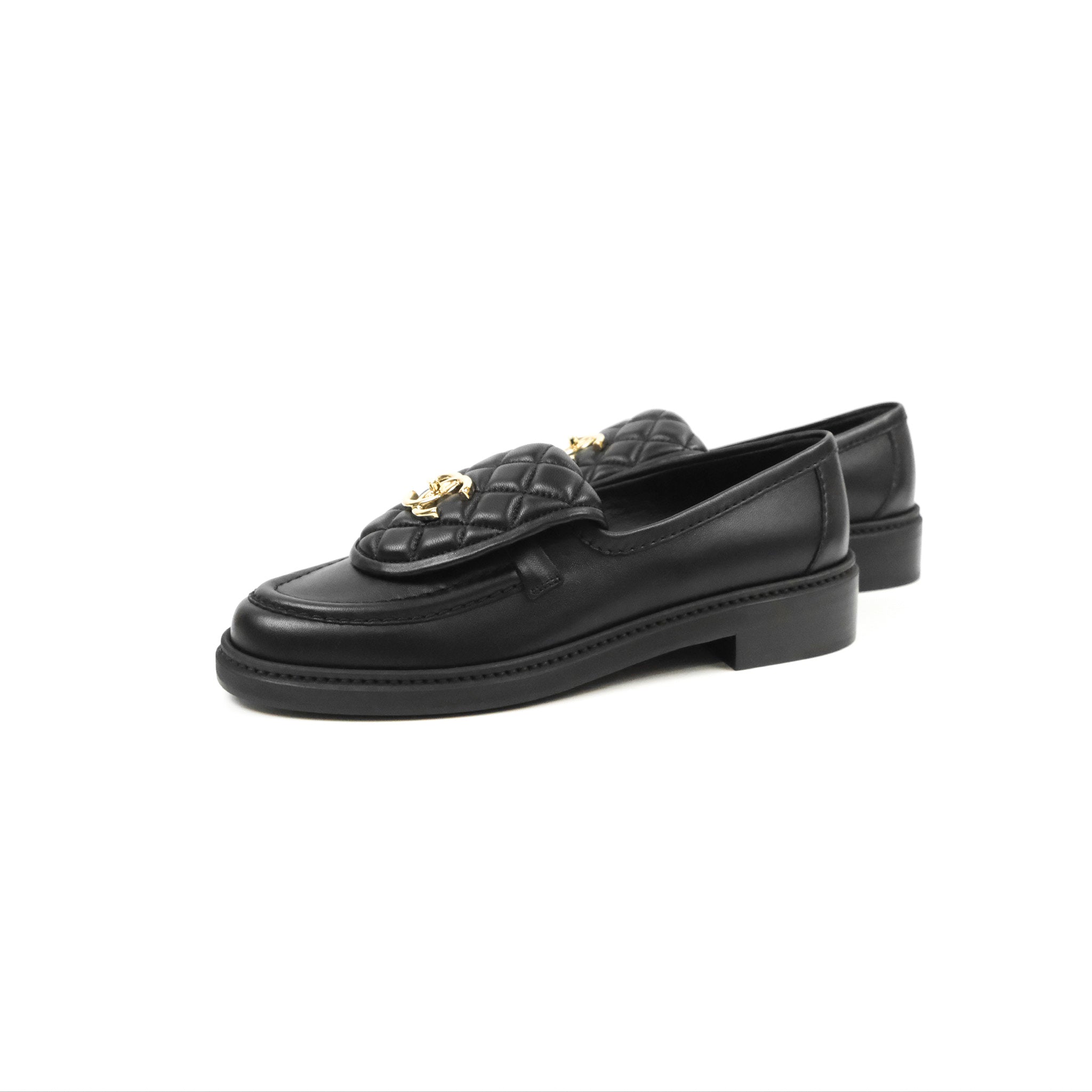 Chanel CC Turnlock Loafers - Quilted Black Calfskin Leather Shoes with Gold Hardware - Women's Size 37.5 (US 7) - Luxury Designer Flats for Work, Office & Formal Occasions