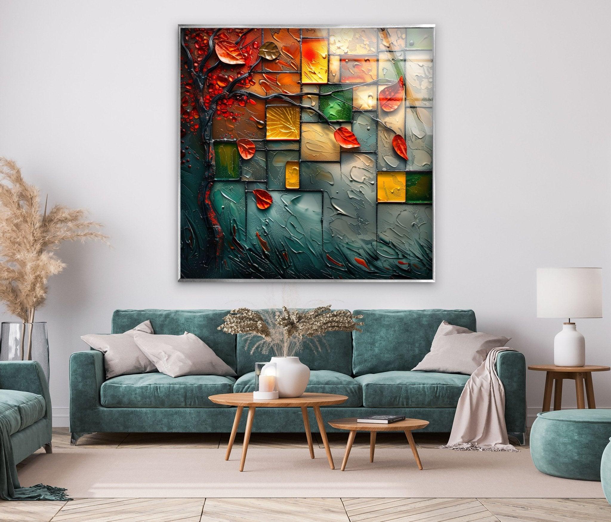 Autumn Mosaic Abstract Glass Wall Art - Handmade Modern Home Decor for Living Room, Bedroom & Office - Perfect for Fall Season Interior Design