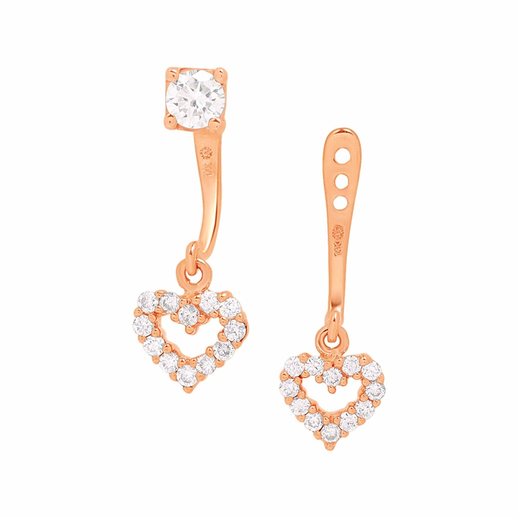14k Rose Gold Diamond Heart Ear Jacket & Stud Earrings Set - Dainty Huggie Hoop & Stud for Women - Perfect for Valentine's Day, Anniversary & Everyday Wear