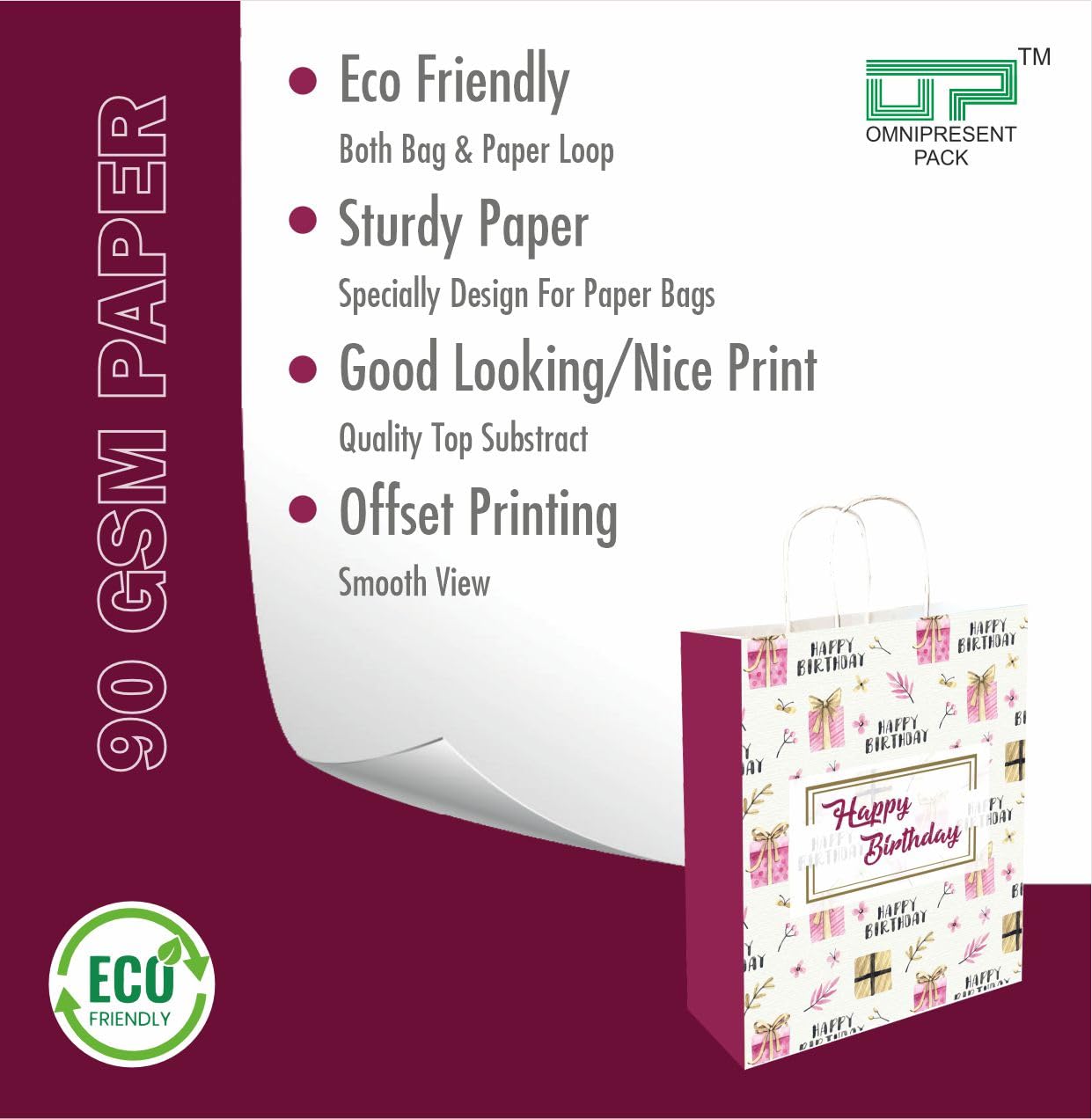 Omnipresent Pack 12-Piece Happy Birthday Printed Paper Gift Bags - 11.4x9.4x4.7 Inch Cream Colored 90 GSM - Perfect for Party Favors, Wedding Gifts & Holiday Presents