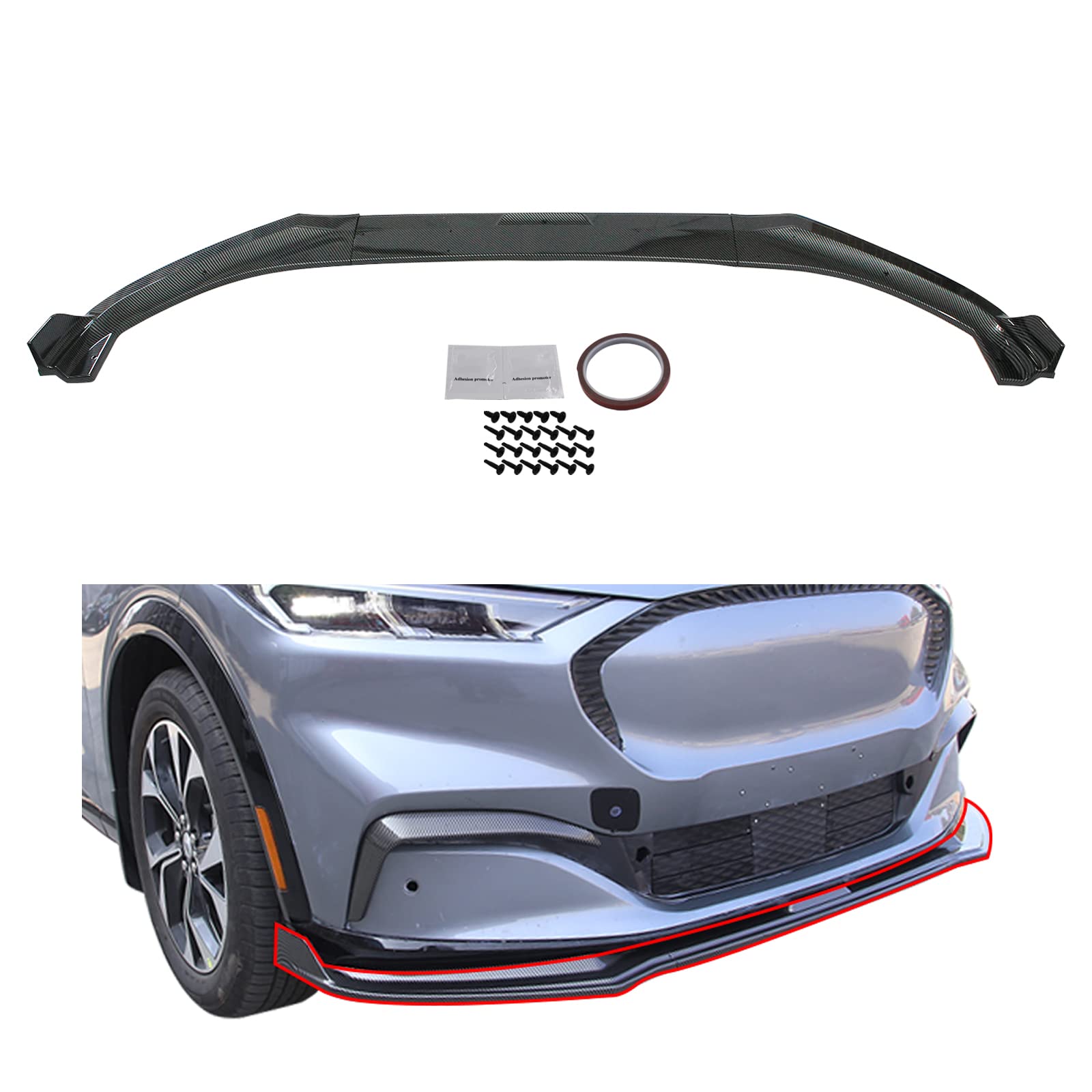 Carbon Fiber Front Bumper Lip Spoiler for Ford Mustang Mach-E 2021-2022 | Sport Style Chin Spoiler Accessory | Enhances Aerodynamics & Street Appearance | Perfect for Car Enthusiasts & Performance Upgrades