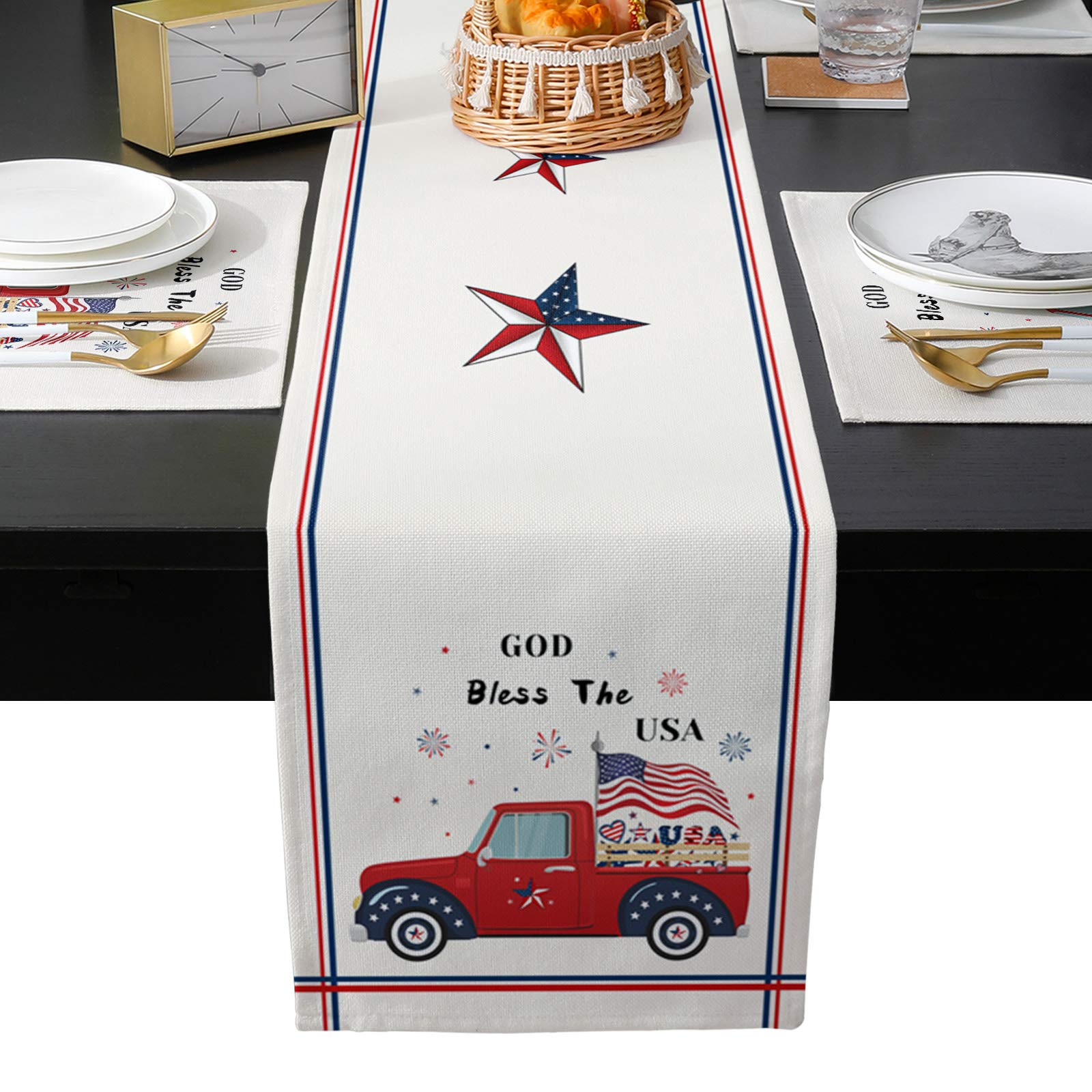 6-Piece Non-Slip American Flag Table Runner and Placemats Set - Patriotic Independence Day Decor for Dining Table, Farmhouse, Coffee Table (90