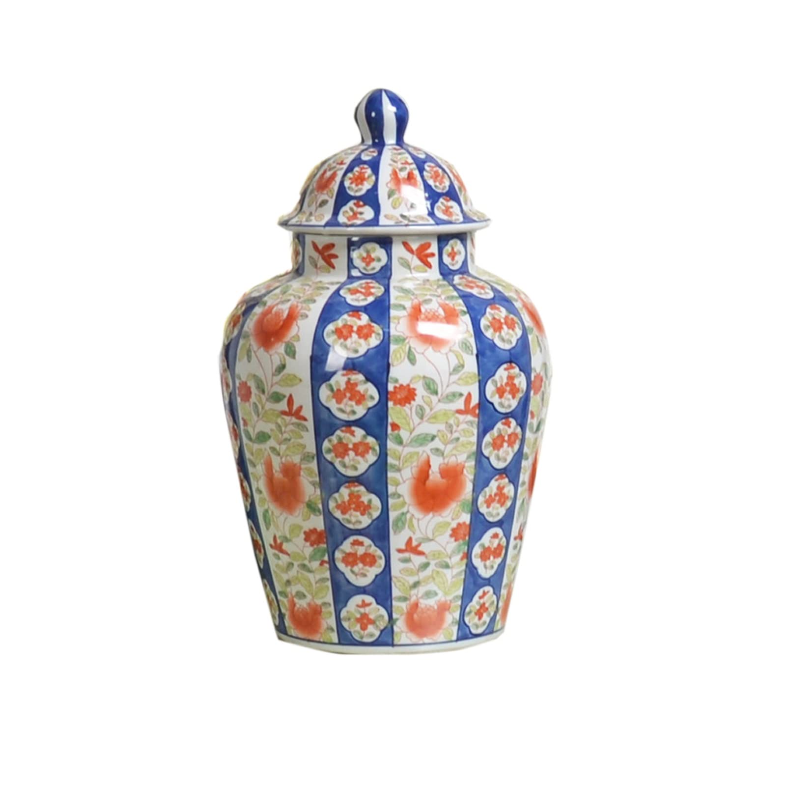Hand-Painted Ceramic Ginger Jar with Lid - Traditional Chinese Blue and Red Floral Temple Vase for Home Decor, Centerpiece, Gift (Medium Size) | Perfect for Living Room Display, Wedding Decor & Asian-Inspired Interior Design