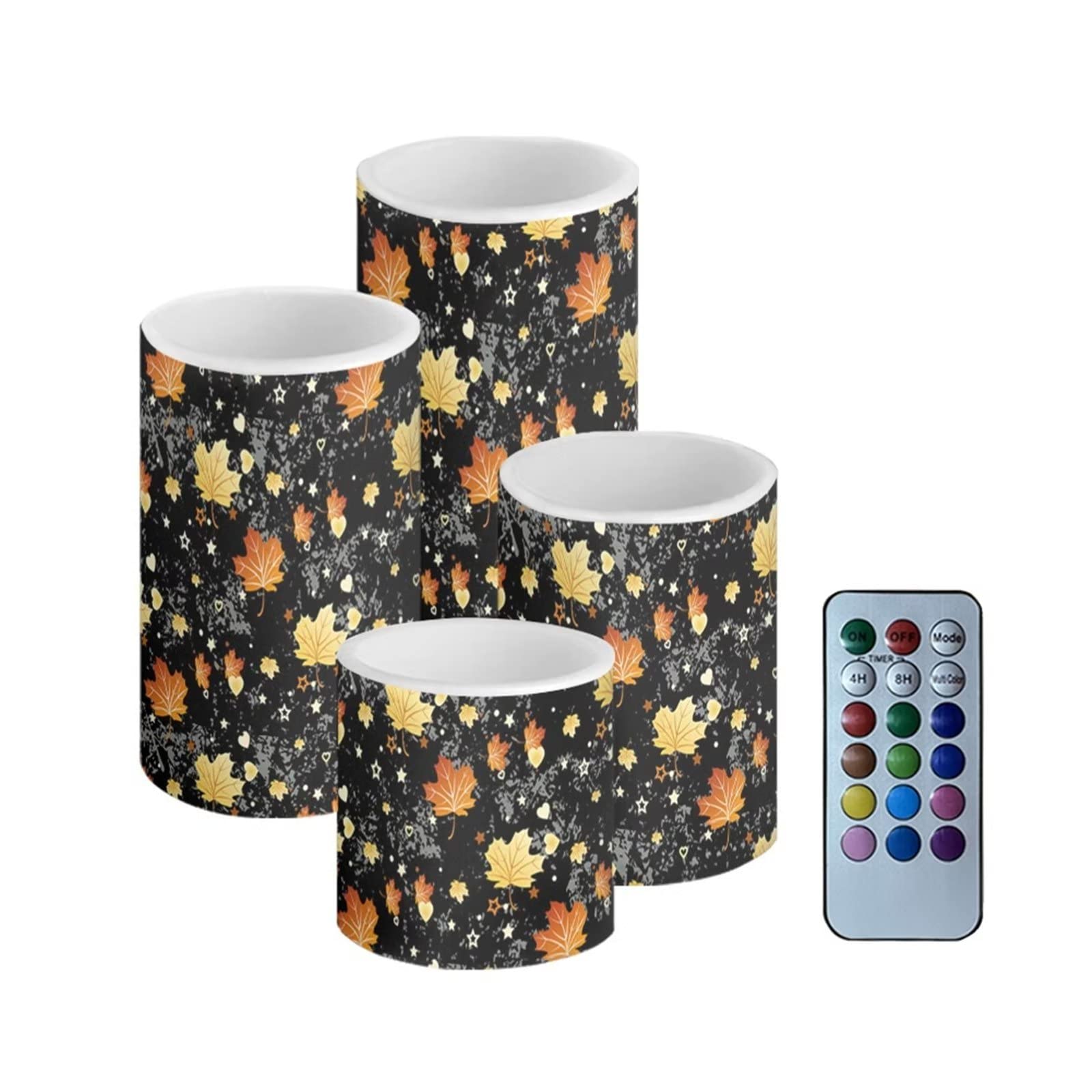 Binienty Set of 4 Black Flameless LED Pillar Candles with Remote Control - Battery Operated Fallen Leaves Design Candles for Home Decor, Wedding Centerpieces & Romantic Ambiance