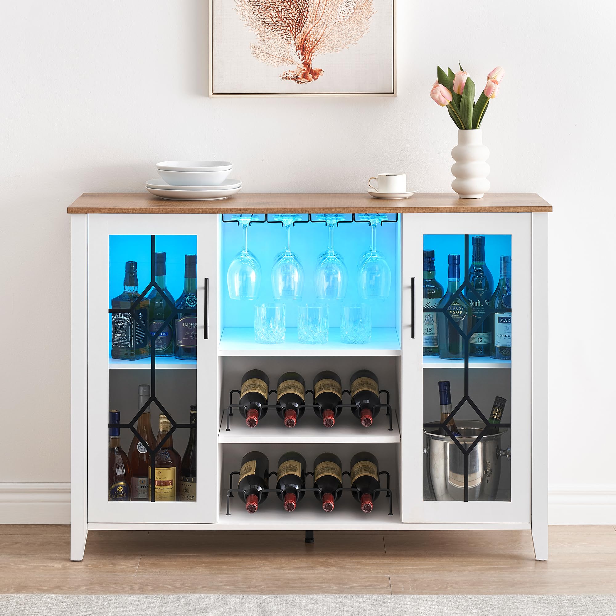 IDEALHOUSE Antique White Wine Bar Cabinet with LED Lights - Home Coffee Station with Wine Glass Rack, Kitchen Buffet Sideboard Storage Cabinet - Perfect for Bar, Dining Room & Kitchen Decor | Modern Home Entertaining & Storage Solution