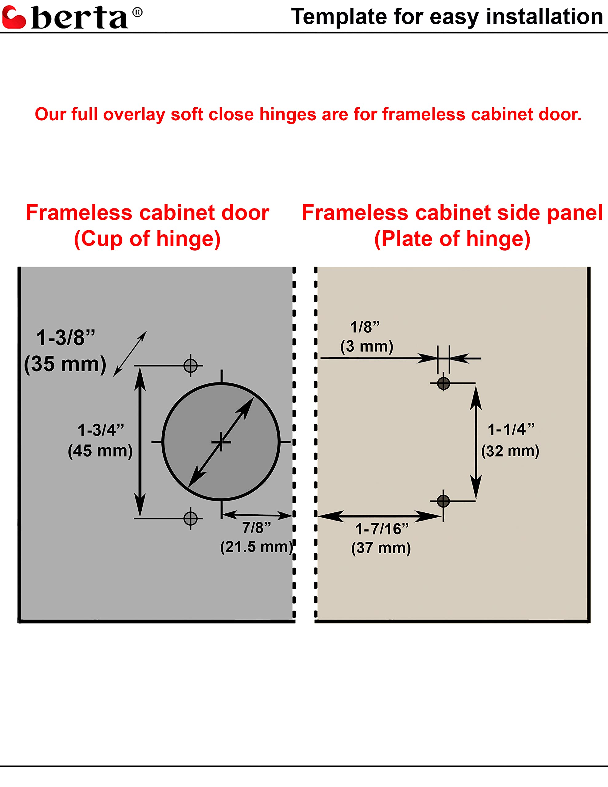 40-Piece Berta Soft Close Frameless Cabinet Hinges - 110° Half Overlay, 6-Way 3-Cam Adjustable Concealed Hinges for Kitchen & Bathroom Cabinets - Perfect for DIY Installation & Cabinet Upgrades