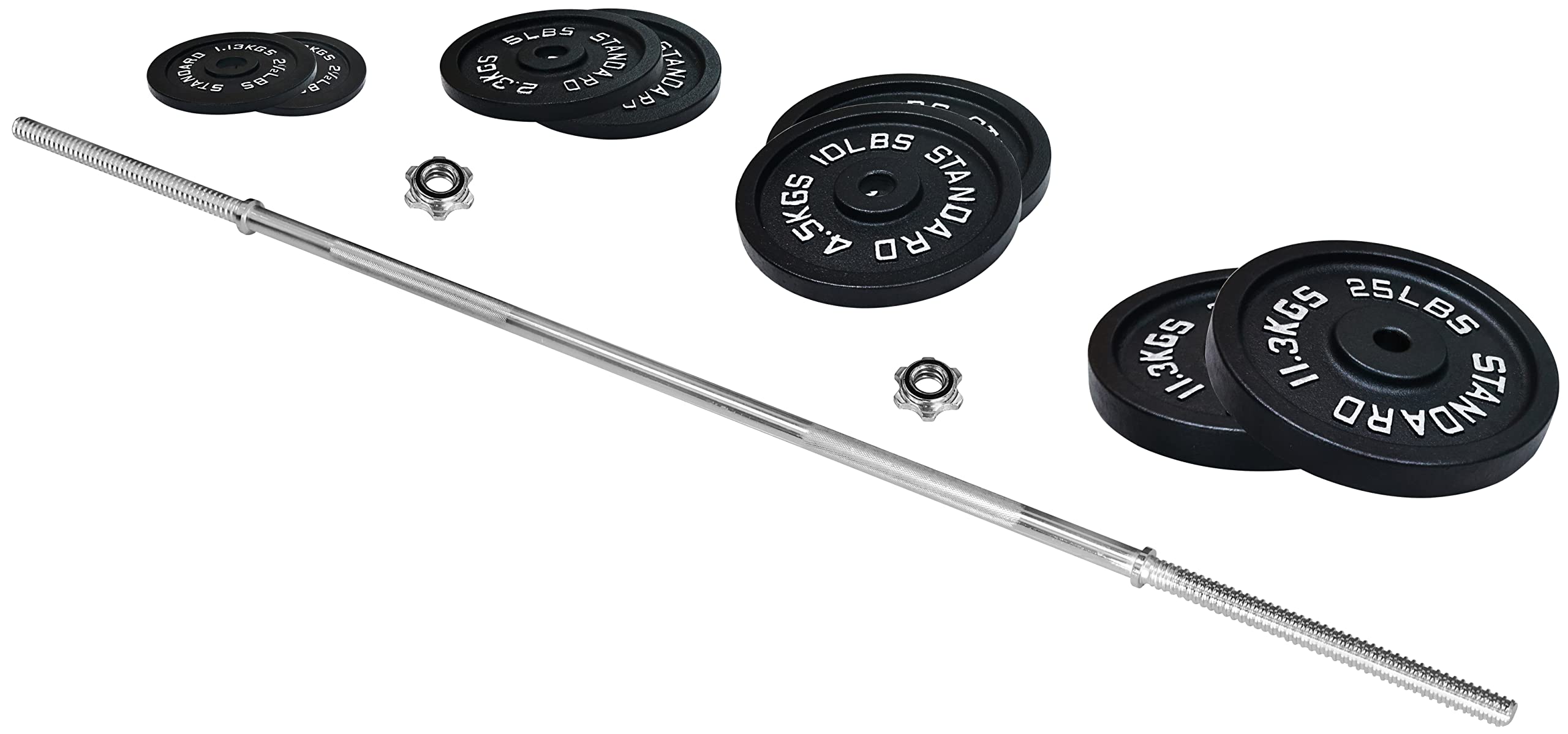 Cast Iron Standard Weight Plates Set with 5FT Barbell & Star Locks - 95LB Total (85LB Plates + 10LB Barbell) for Home Gym, Strength Training & Weightlifting - Multiple Styles Available