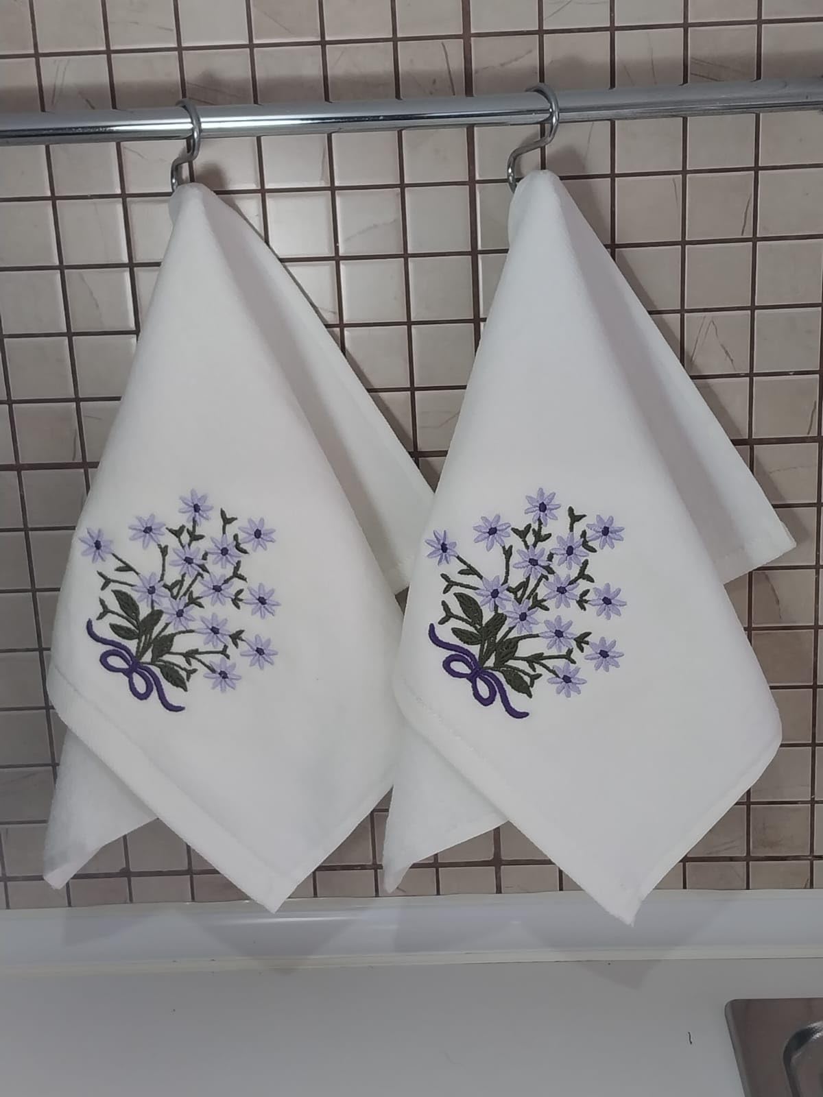 Premium 2-Pack Embroidered Rose Hand Towels - 100% Cotton Soft & Absorbent Luxury Bath Towels 11x18 Inch (White) for Bathroom, Kitchen & Guest Room Decor
