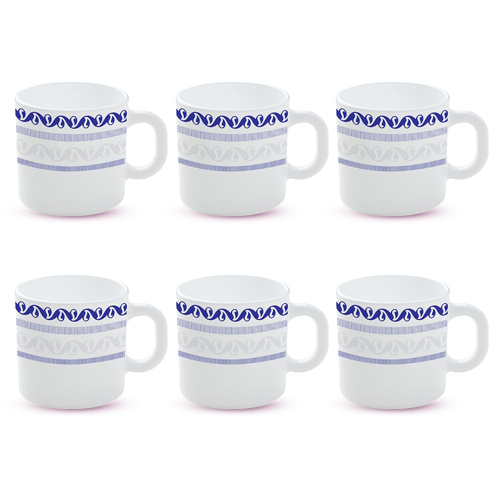 BOROSIL Larah Jazzblue Opalware Coffee Mug Set of 6 (100ml Each) - Microwave & Dishwasher Safe, Bone-Ash Free - Elegant White Tea Cups for Home, Office, Gifts & Daily Use