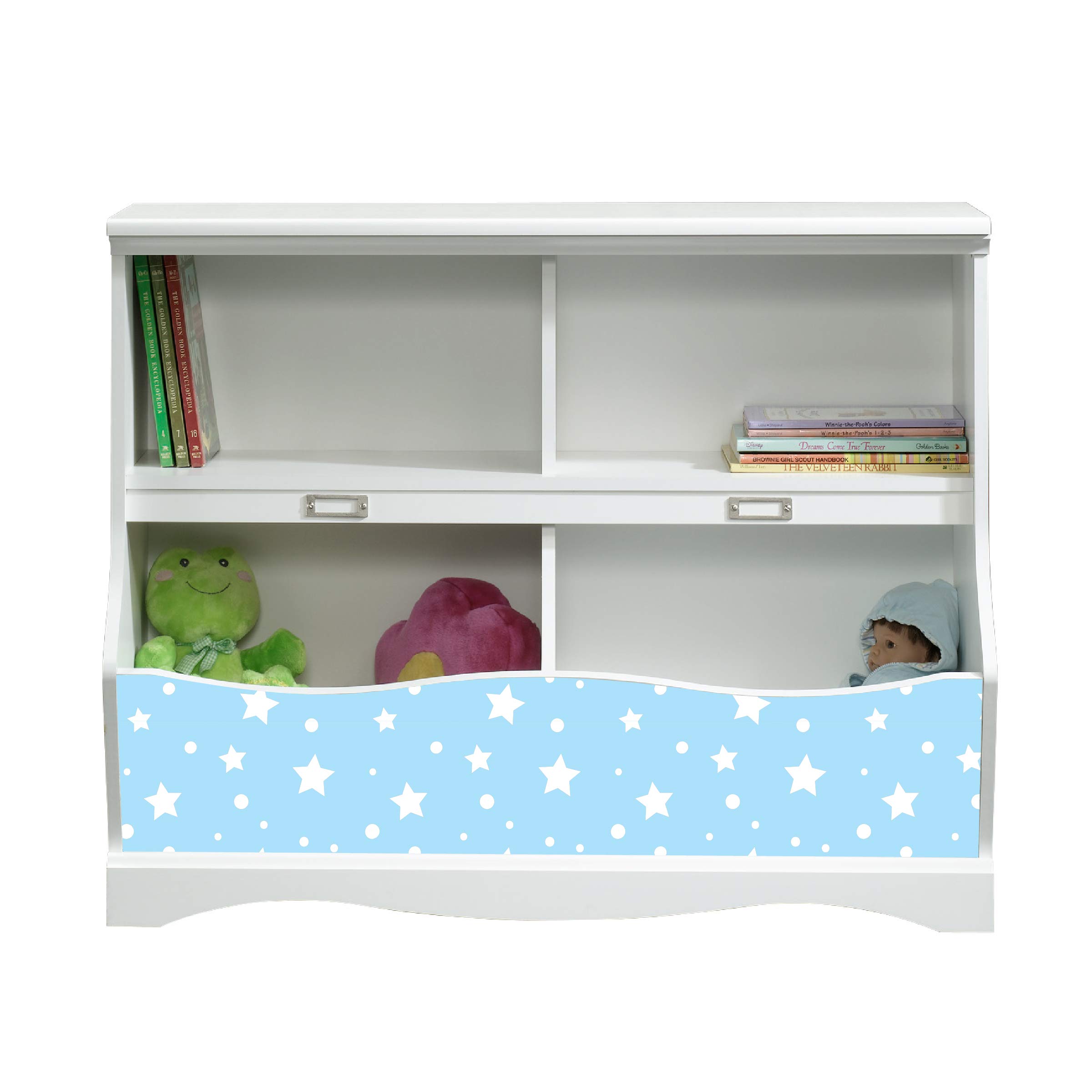 LifeSong Milestones Bookcase Footboard with Cubbyhole - Kids Book Storage Organizer, Toy Shelf for Nursery, Playroom & Bedroom - Soft White Finish with Stars (Blue) - Perfect for Organizing Books, Toys & Decor in Children's Rooms