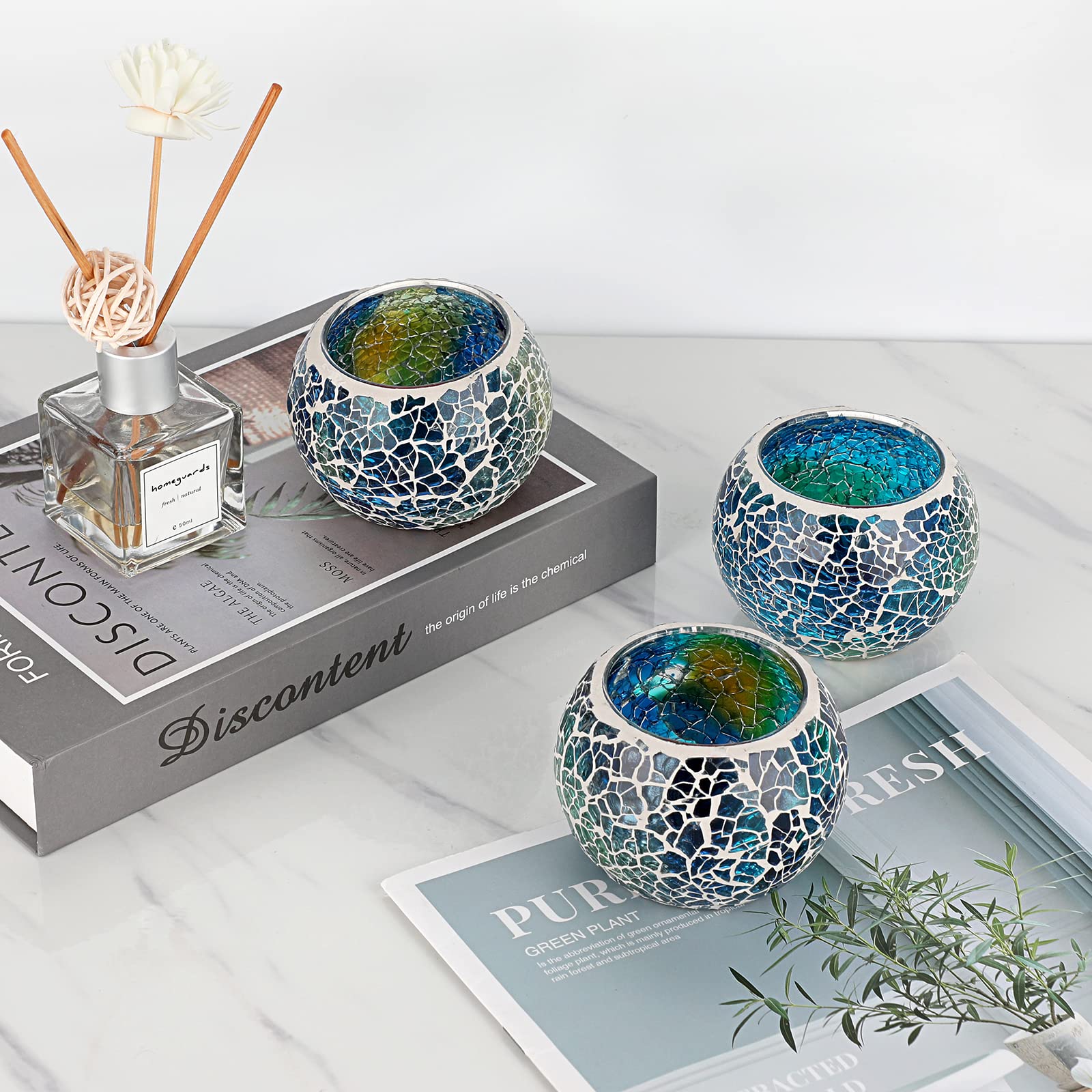 Set of 3 Blue Mosaic Glass Tea Light Holders - Round Bowl Votive Candle Stands for Wedding Centerpiece, Table Decor, Home & Party Decoration