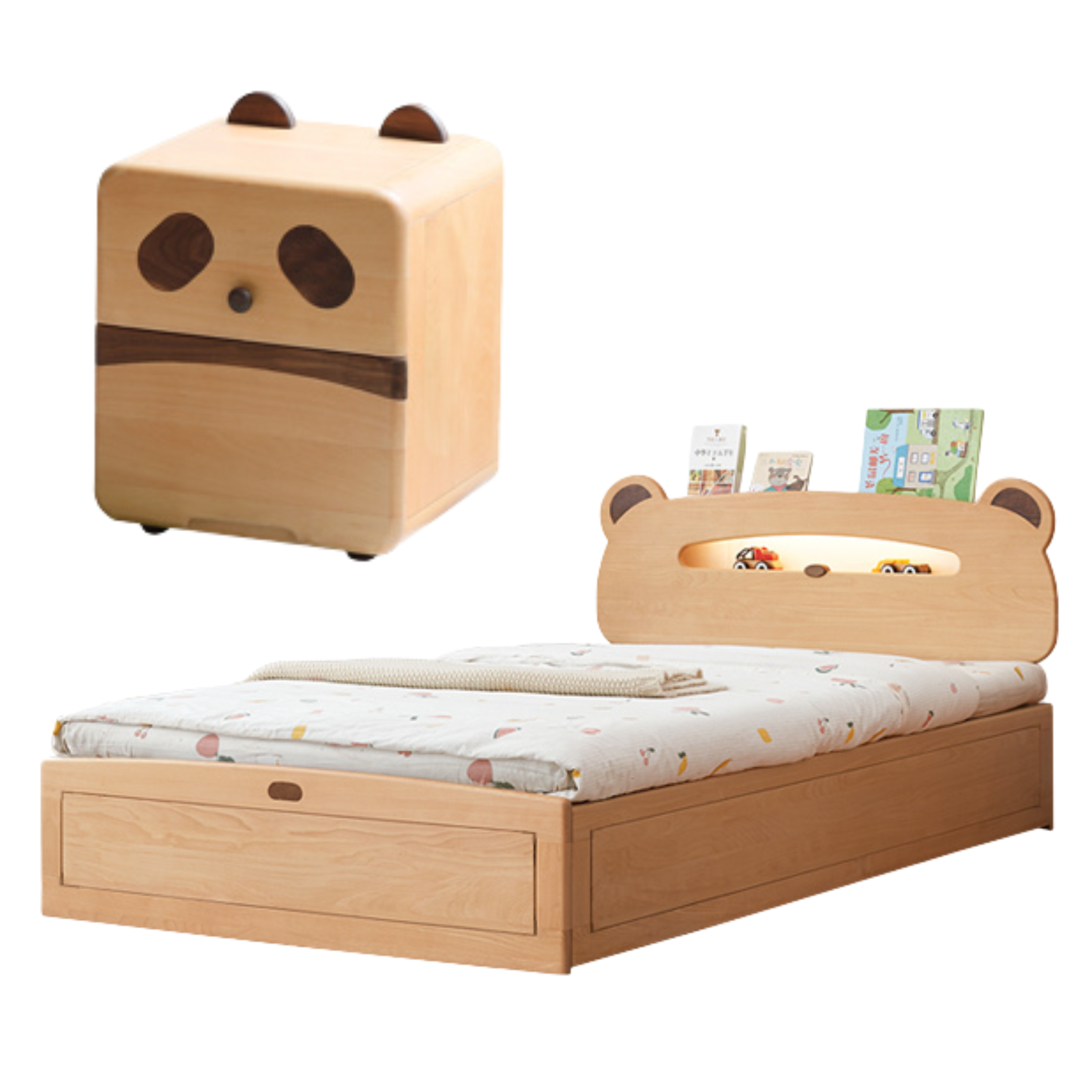 Natural wood color Beech Bear Night Light Box Bed + Bedside Table
