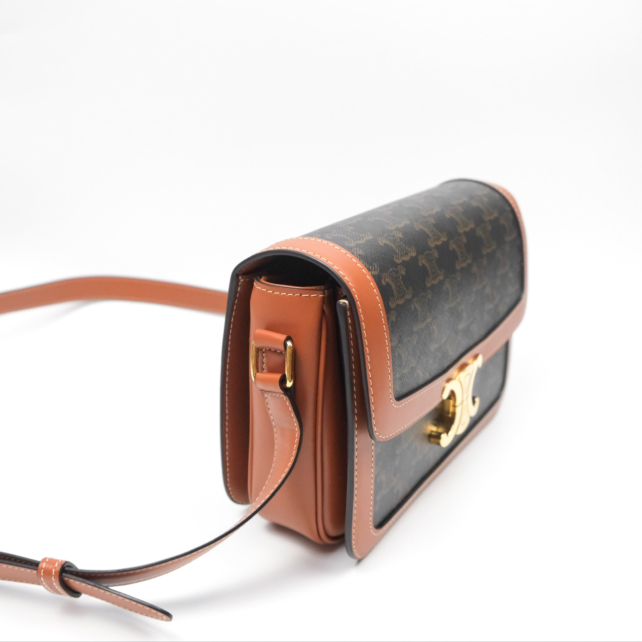 Celine Medium Triomphe Bag in Triomphe Canvas & Tan Calfskin Leather - Luxury Crossbody Handbag for Women, Perfect for Work, Travel & Everyday Use