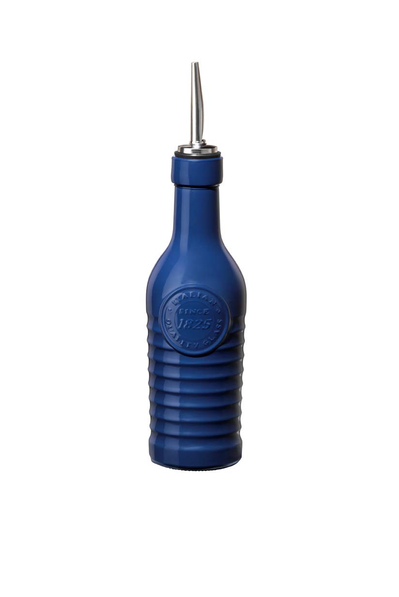 Bormioli Rocco Officina 1825 9 oz Glass Bottle with Pourer Stopper - Premium Oil and Vinegar Dispenser for Kitchen, Bar & Dining - Elegant Blue Glass Bottle for Olive Oil, Balsamic Vinegar & Cocktails