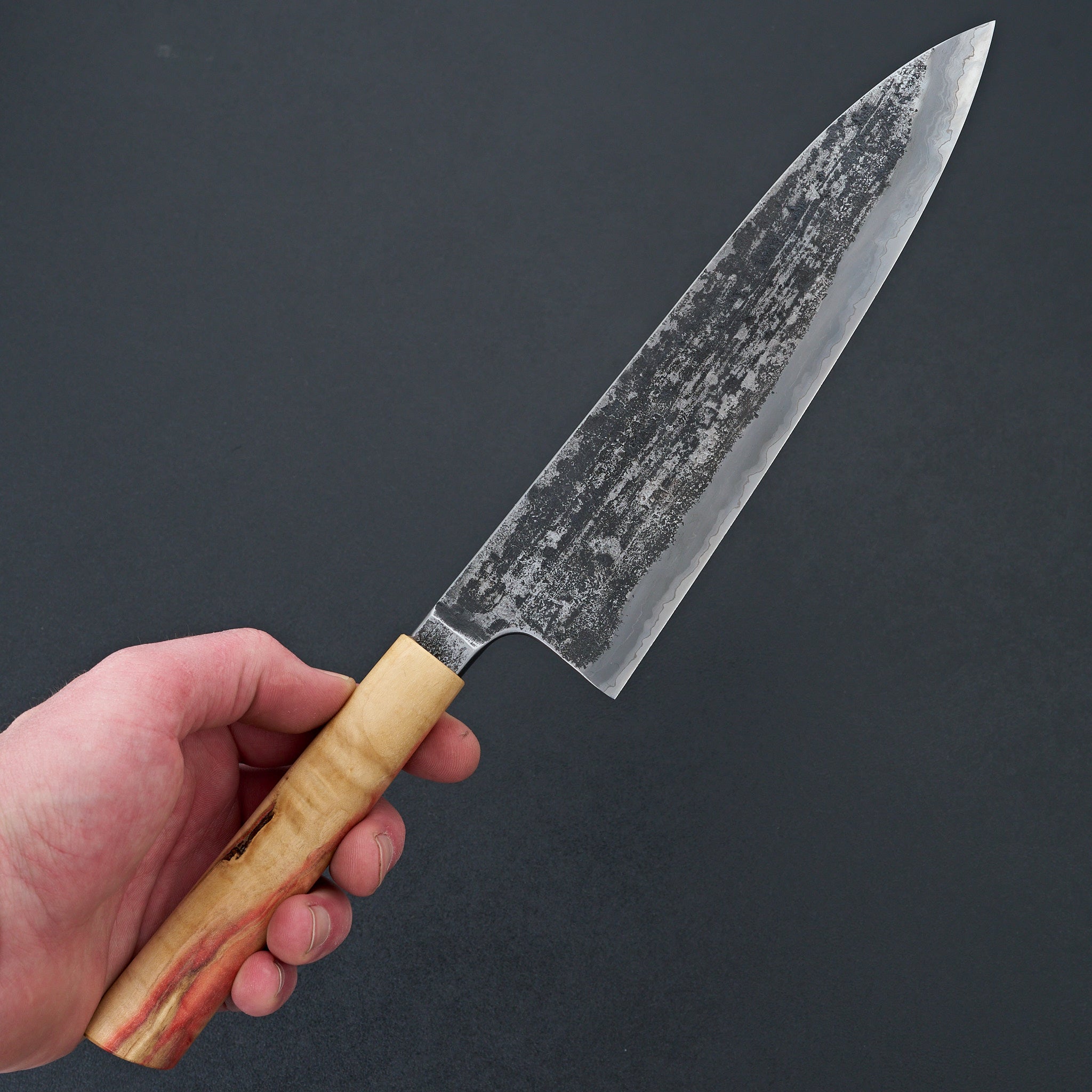 Premium Halcyon Forge 26c3 Wrought Iron Gyuto Chef Knife 222mm - Handcrafted Japanese Kitchen Knife with Flame Box Elder Handle - Perfect for Sushi, Meat Slicing & Professional Cooking