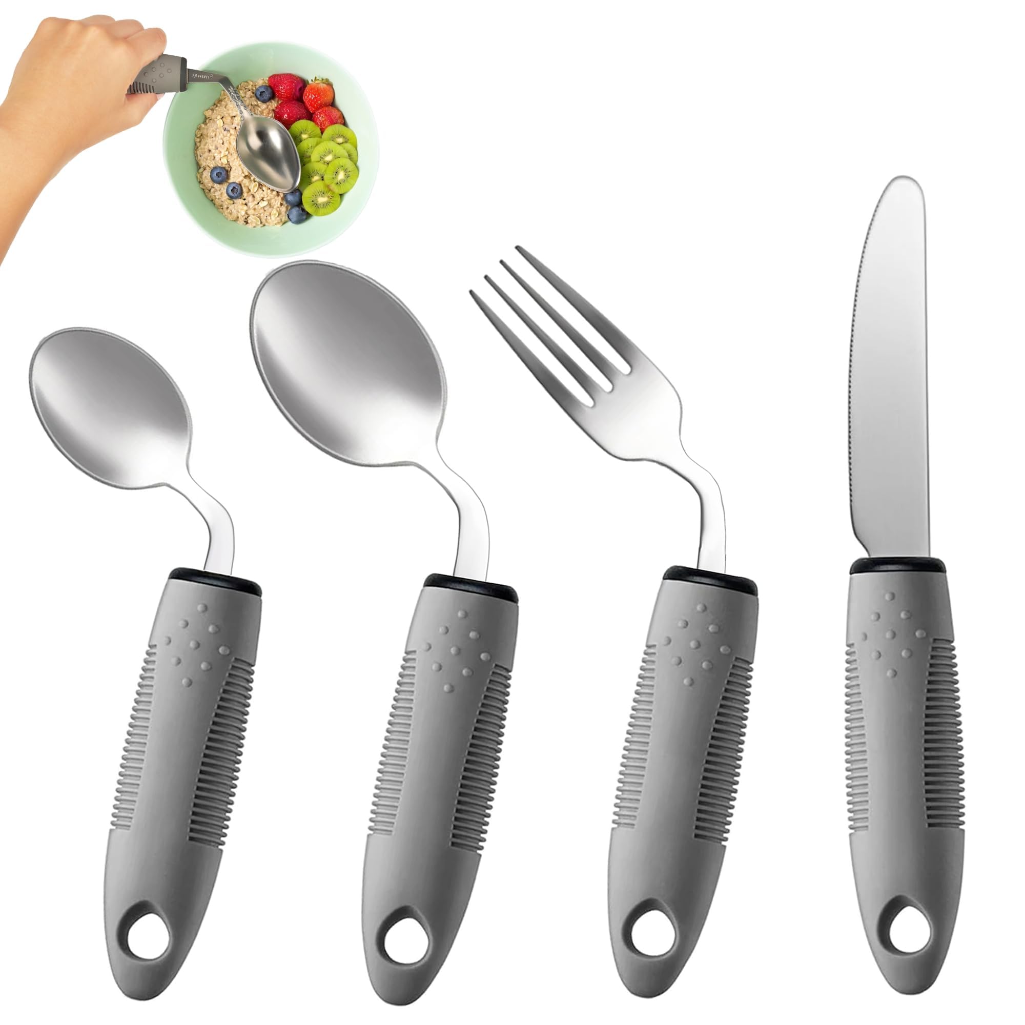 4-Piece Adaptive Utensils Set for Hand Tremors & Parkinsons - 42° Angled Weighted Silverware (2.5 oz) for Right-Handed Users (Grey) | Easy-Grip Utensils for Eating with Limited Mobility at Home or Assisted Living