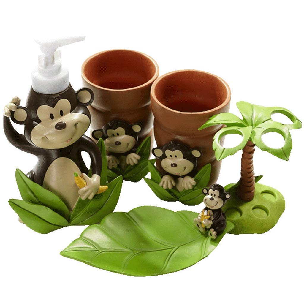 Cute Monkey Bathroom Accessories Set - 5-Piece Resin Soap Dispenser & Pump Set for Kids | Kitchen & Bathroom Decor | Perfect for Home, Nursery, and Children's Bathroom