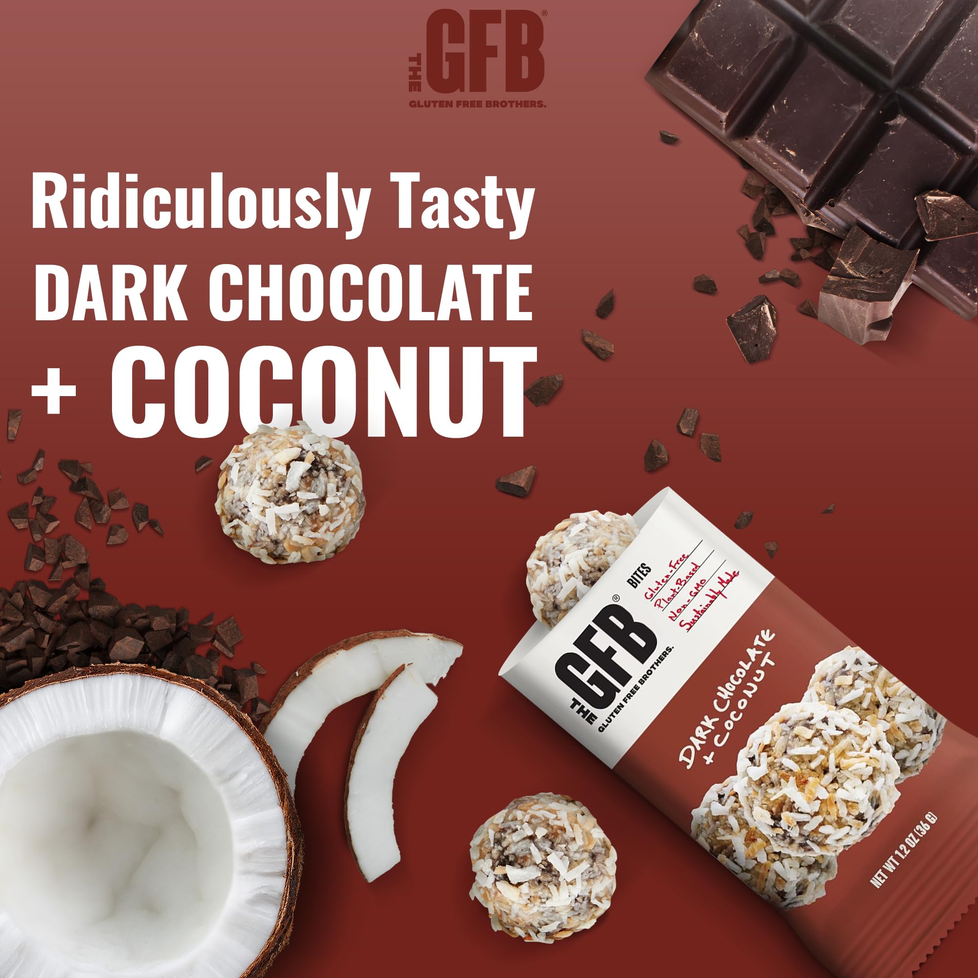 GFB Dark Chocolate Coconut Protein Bites - Gluten Free, Vegan, Plant-Based Protein Snacks, Non-GMO, Sustainably Made - Healthy Energy Balls for Workouts, Hiking & On-the-Go Snacking, 1.2oz (10 Count)