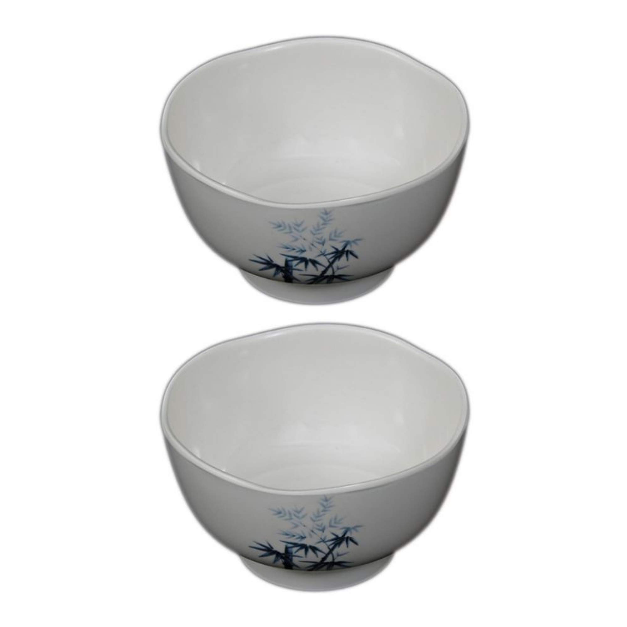Needzo 4.5-Inch White Plastic Rice Bowls with Blue Bamboo Design - Japanese Style Snack Bowls, Set of 2 - Perfect for Sushi, Ramen, Cereal & Party Serving