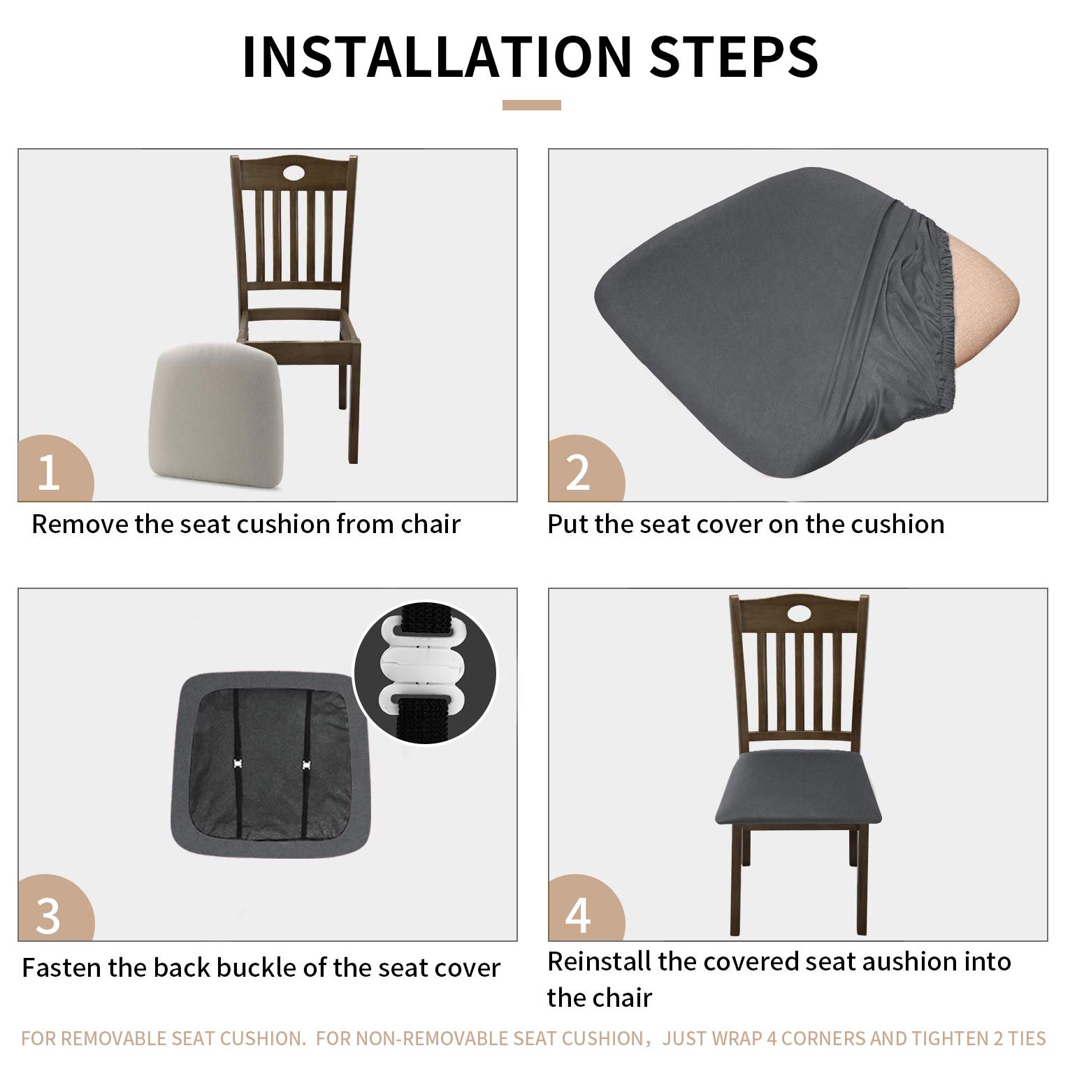 Stretchable Solid Grey Chair Seat Covers with Ties - 4 Pack Dining Room & Kitchen Chair Protectors - Perfect for Home, Office, and Restaurant Use