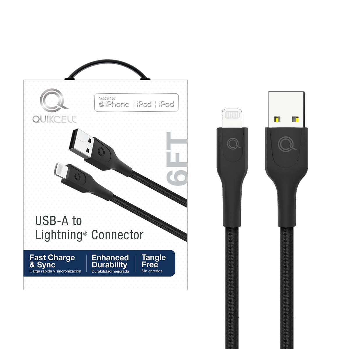 6 FT USB-A to Lightning Charging Cable - Fast Charging & Sync Compatible with iPhone, iPad, AirPods - Durable Nylon Braided (Black) | Perfect for Home, Office, Car & Travel Use