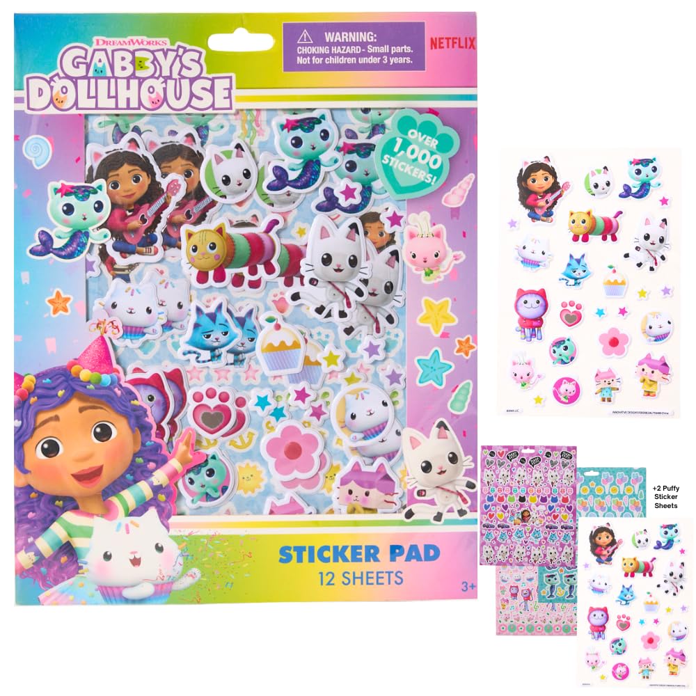 Gabby’s Dollhouse Stickers for Kids - 12 Sheet Sticker Book Set with 1000+ Stickers, Puffy Stickers, Gabby, MerCat, Cakey & Pandy Paws - Perfect for Scrapbooking, DIY Crafts & School Projects