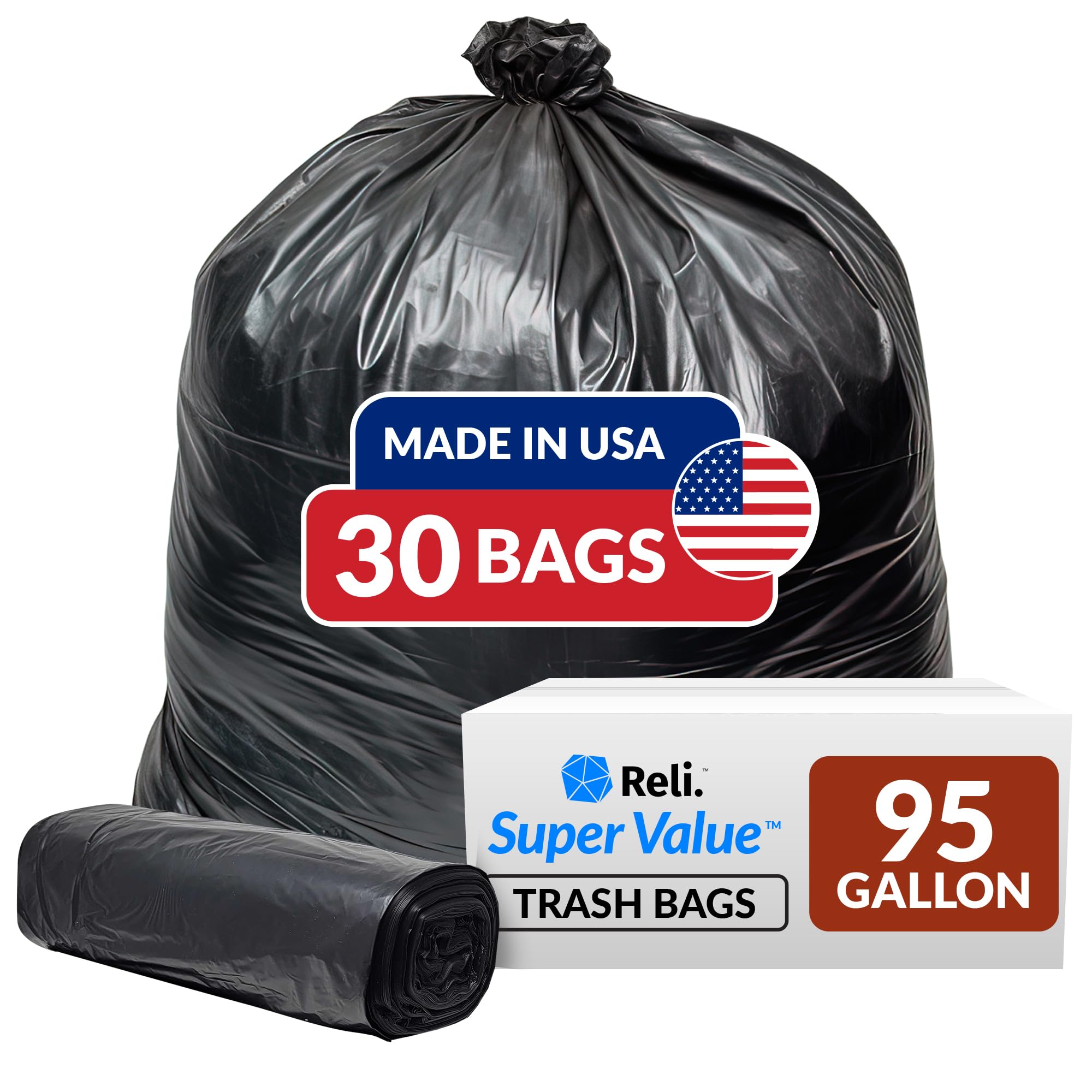 Reliable 95-Gallon Heavy Duty Trash Bags - 30 Count | Extra Large & Durable for Serious Garbage Cleanup | Perfect for Outdoor, Commercial & Home Use (Black)