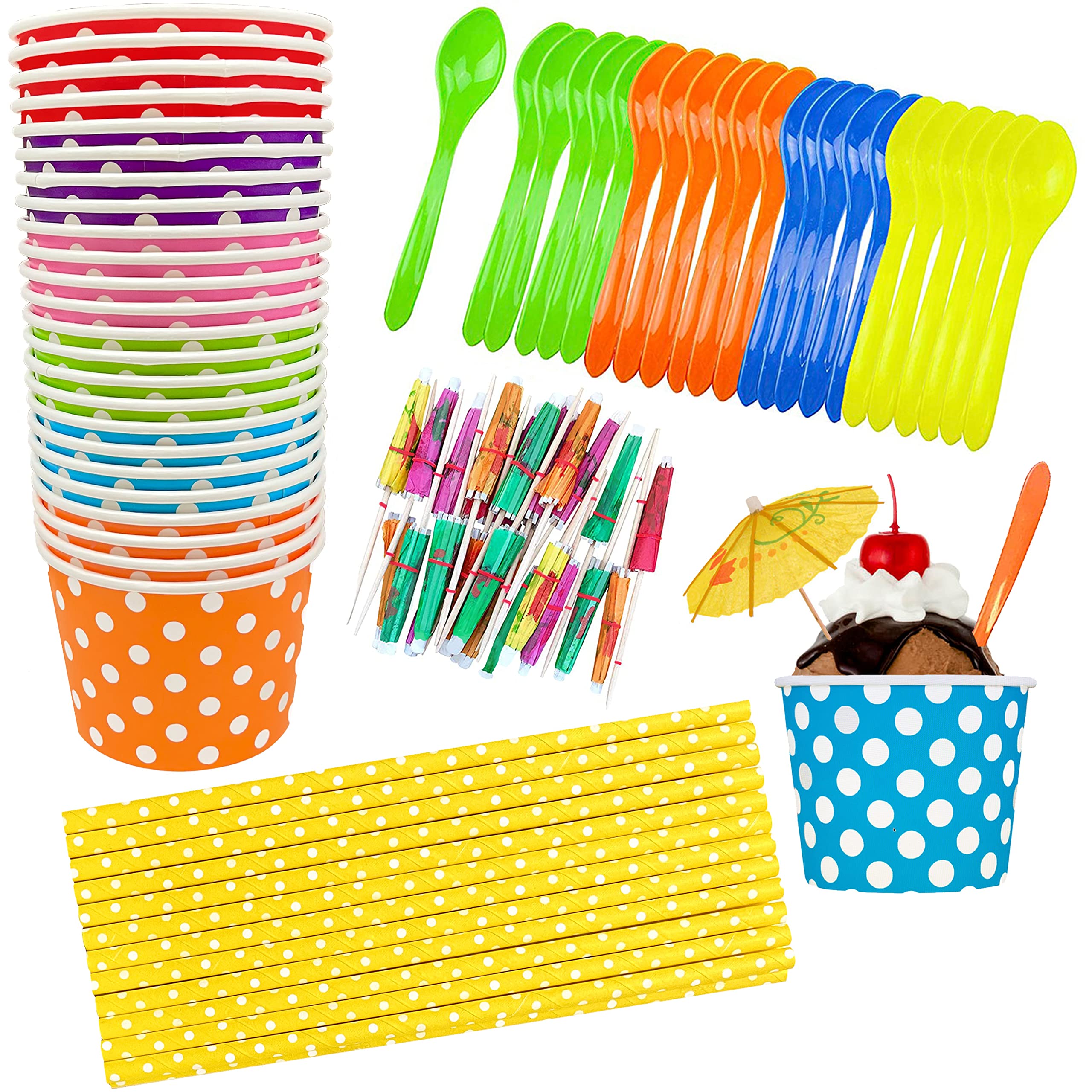 12oz Disposable Paper Ice Cream Cups with Plastic Spoons & Paper Straws - 24-Piece Sundae Party Kit in 7 Colors (Blue, Pink, Orange, Yellow, Green, Red, Purple) - Perfect for Birthday Parties, Ice Cream Socials & Dessert Bars