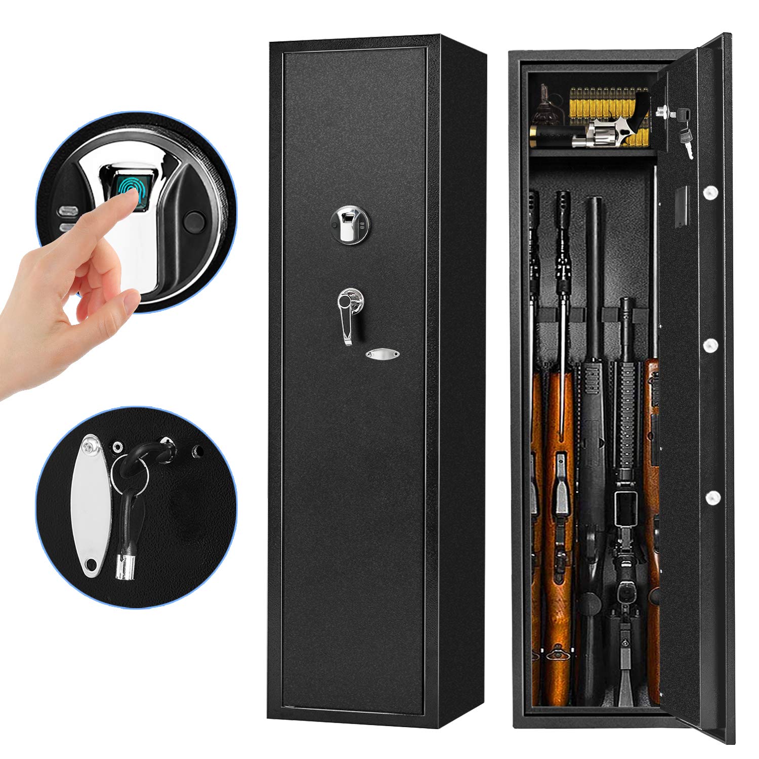 Pataku Biometric Rifle Gun Safe - Fingerprint & Quick Access Long Gun Security Cabinet for Rifles & Shotguns (Holds 5 Guns) with Pistol Lock Box - Ideal for Home Defense & Firearm Storage (Black)