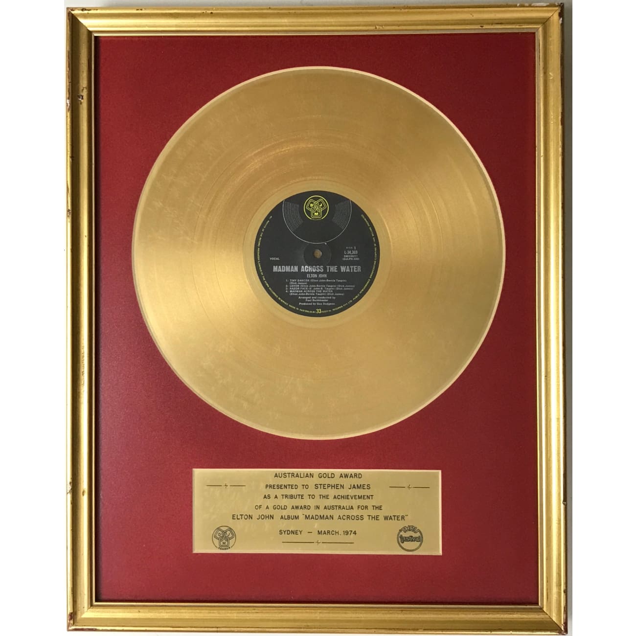 Elton John Madman Across The Water 1974 Australian Gold Award - Rare Vintage Vinyl Record for Collectors & Music Enthusiasts - Perfect for Home Decor, Gift Giving & Retro Music Listening