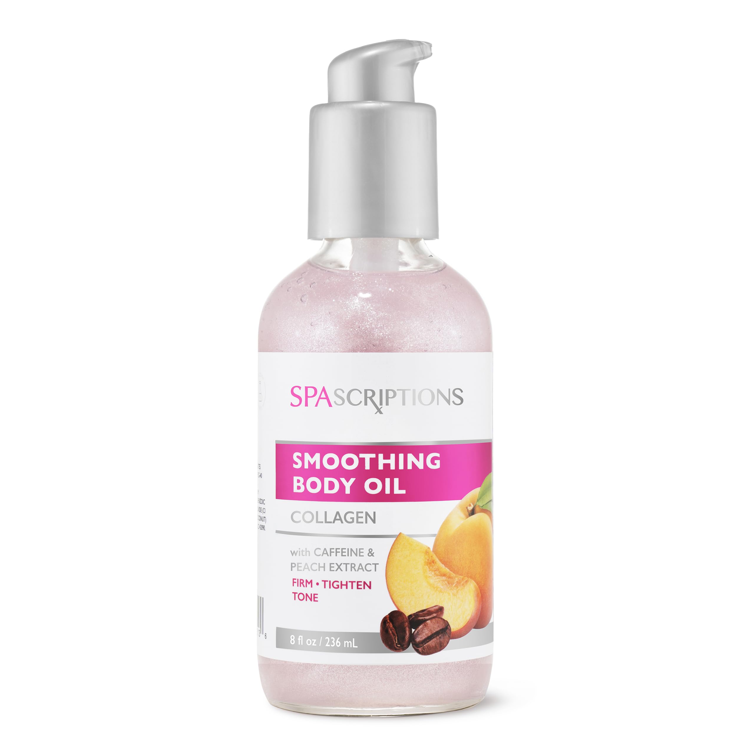 SpaScriptions Smoothing Body Oil with Collagen, Caffeine & Peach Extract - Cruelty-Free, Nourishing & Shimmering - Firm, Tighten & Tone Skin - 8 oz - Perfect for Spa Days, Self-Care Routines & Special Occasions