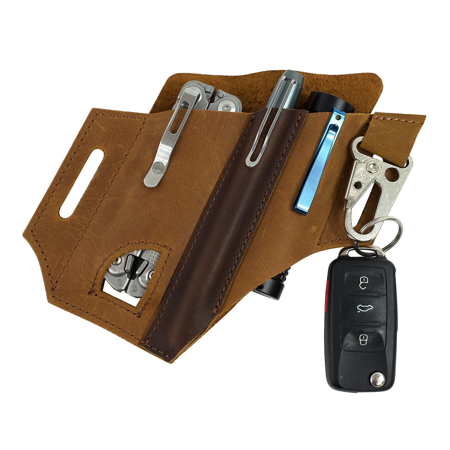 Premium Leather Multitool Sheath for Belt - Durable EDC Pocket Organizer & Leatherman Holster | Handmade Leather Pouch with Pen Holder, Flashlight Sheath & Key Fob Clip | Perfect for Camping, Hiking, Outdoor Adventures & Everyday Carry (Brown)