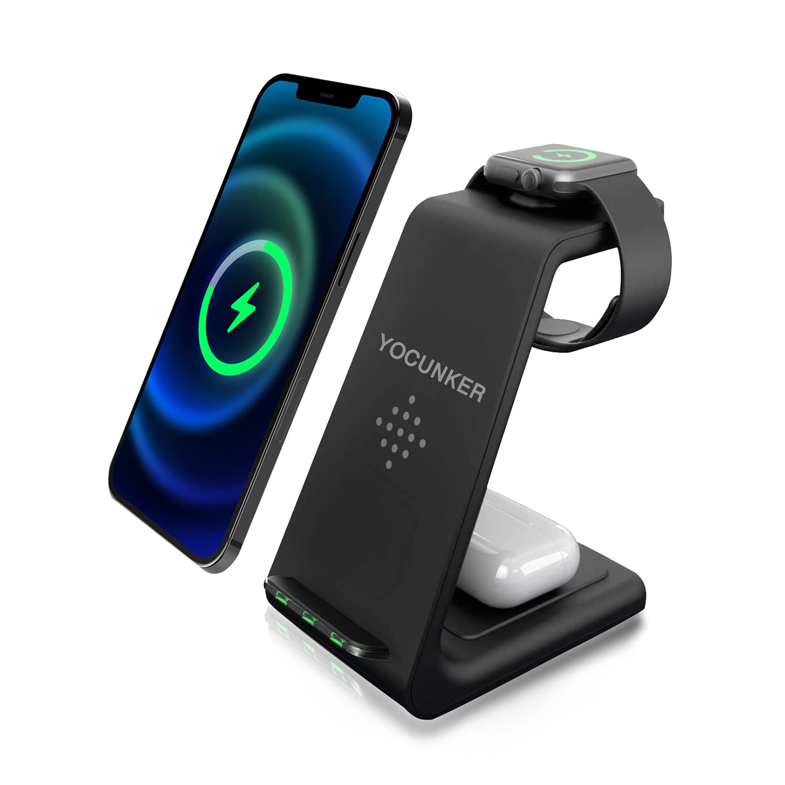 YOCUNKER 3-in-1 Qi Fast Wireless Charging Station for iPhone 14/13/12/11 Pro Max/X/XR, Apple Watch Series 7/SE/6/5/4/3/2 & AirPods 3/Pro/2 - Multi-Device Charging Dock Stand (Black) | Perfect for Home, Office & Travel