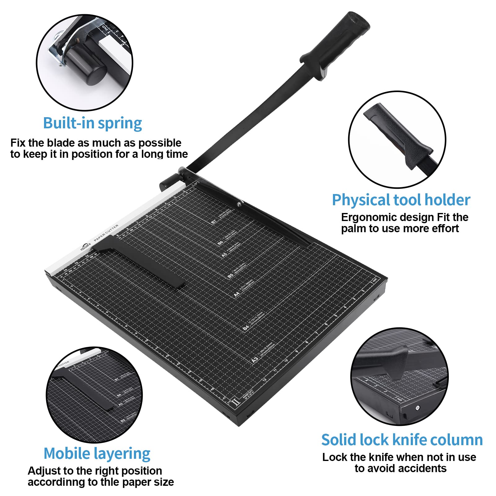 ISDIR 18 Inch Heavy Duty Paper Cutter Guillotine - Professional Paper Trimmer with Metal Base & Dual Guide Bars, Cuts 12 Sheets - Perfect for Home Office, Crafting, Scrapbooking & Document Preparation (18'' Black)