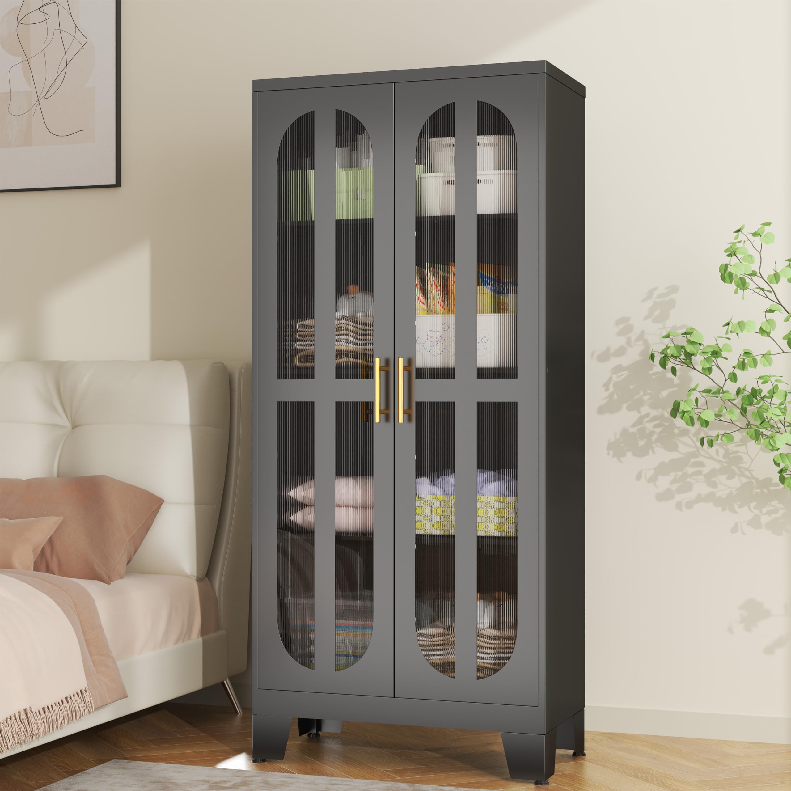Stainless Steel Pantry Cabinet with Acrylic Glass Doors & Adjustable Shelves - 61 Inch Tall Kitchen Storage Organizer for Food, Dishes & Supplies - Perfect for Modern Kitchens, Dining Rooms & Laundry Rooms
