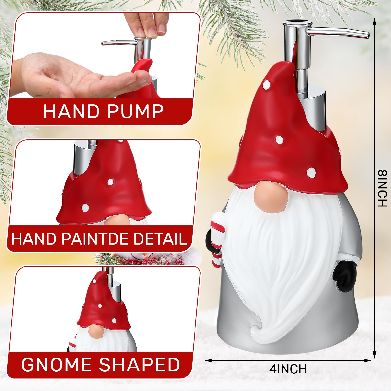 Christmas Soap Dispenser & Towel Set - 4pc Bathroom Decor (Red/White Gnome) for Holiday Home