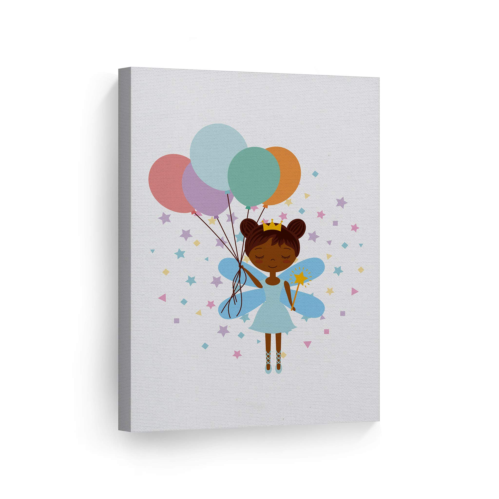African American Fairy Girl with Balloons Canvas Print - Smile Art Design Wall Art for Kids Room, Nursery & Baby Room Decor - 40x30 Inch Ready to Hang Made in USA | Perfect for Birthday Gifts, Bedroom Wall Decor & Playroom Art
