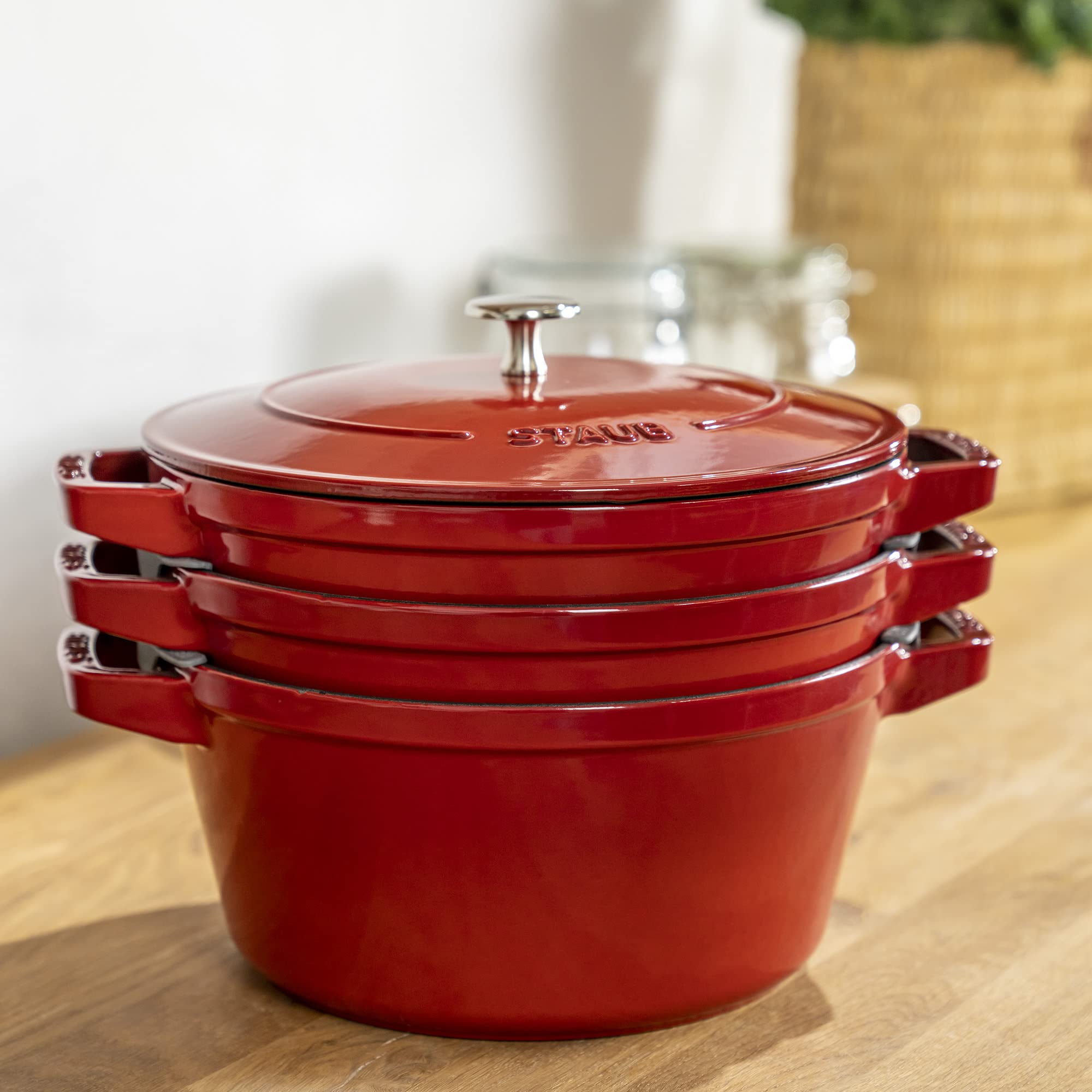 STAUB 4-Piece Cast Iron Cookware Set - Stackable Dutch Oven, Skillet & Grill Pan with Universal Lid - Premium French-Made Cherry Red Cookware for Baking, Roasting & Grilling - Perfect for Home Kitchens & Outdoor Cooking
