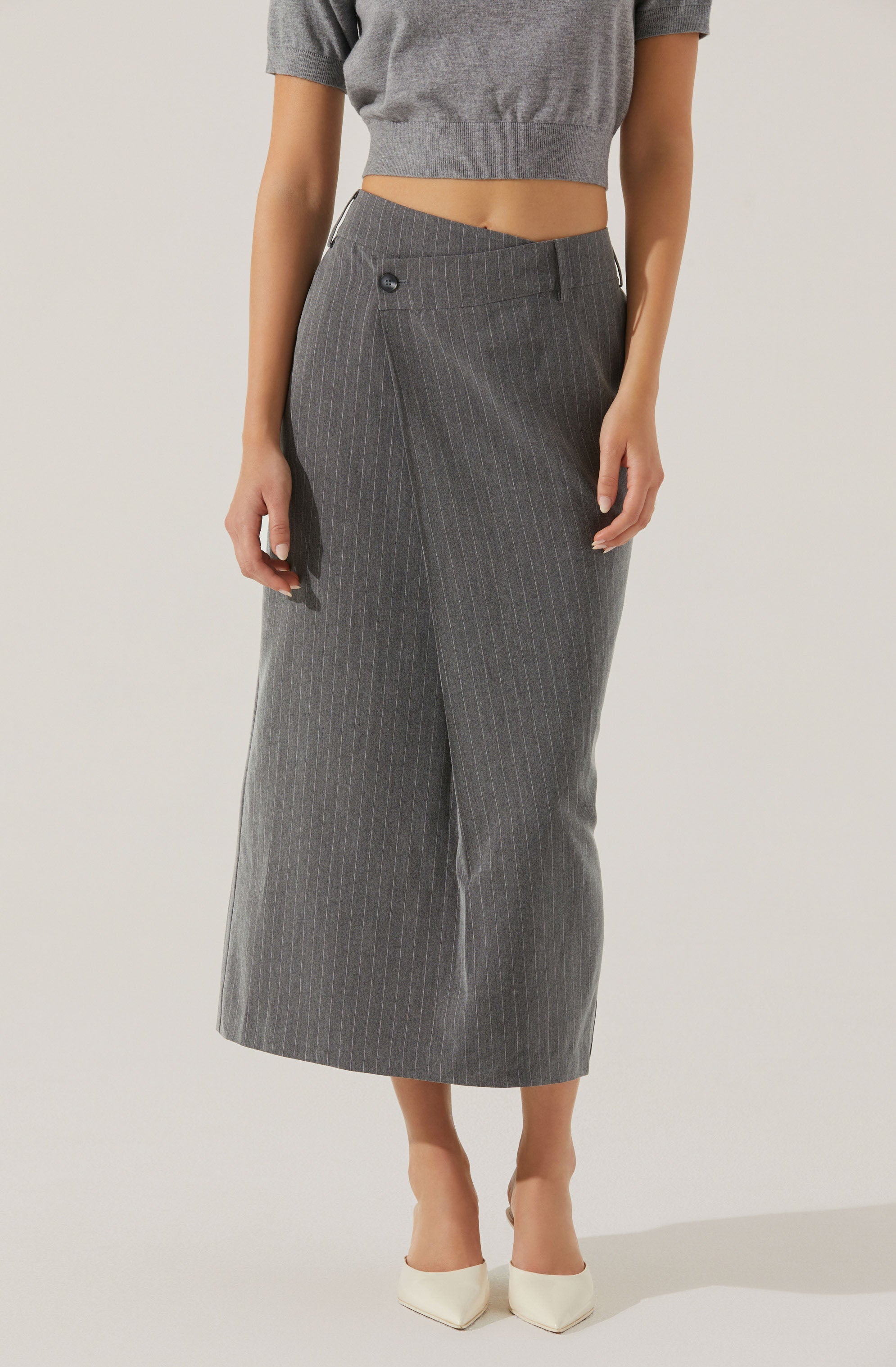 Elegant Pinstripe Asymmetrical Waist Skirt for Women - High Waist Office Pencil Skirt - Perfect for Business Casual, Workwear & Professional Outfits