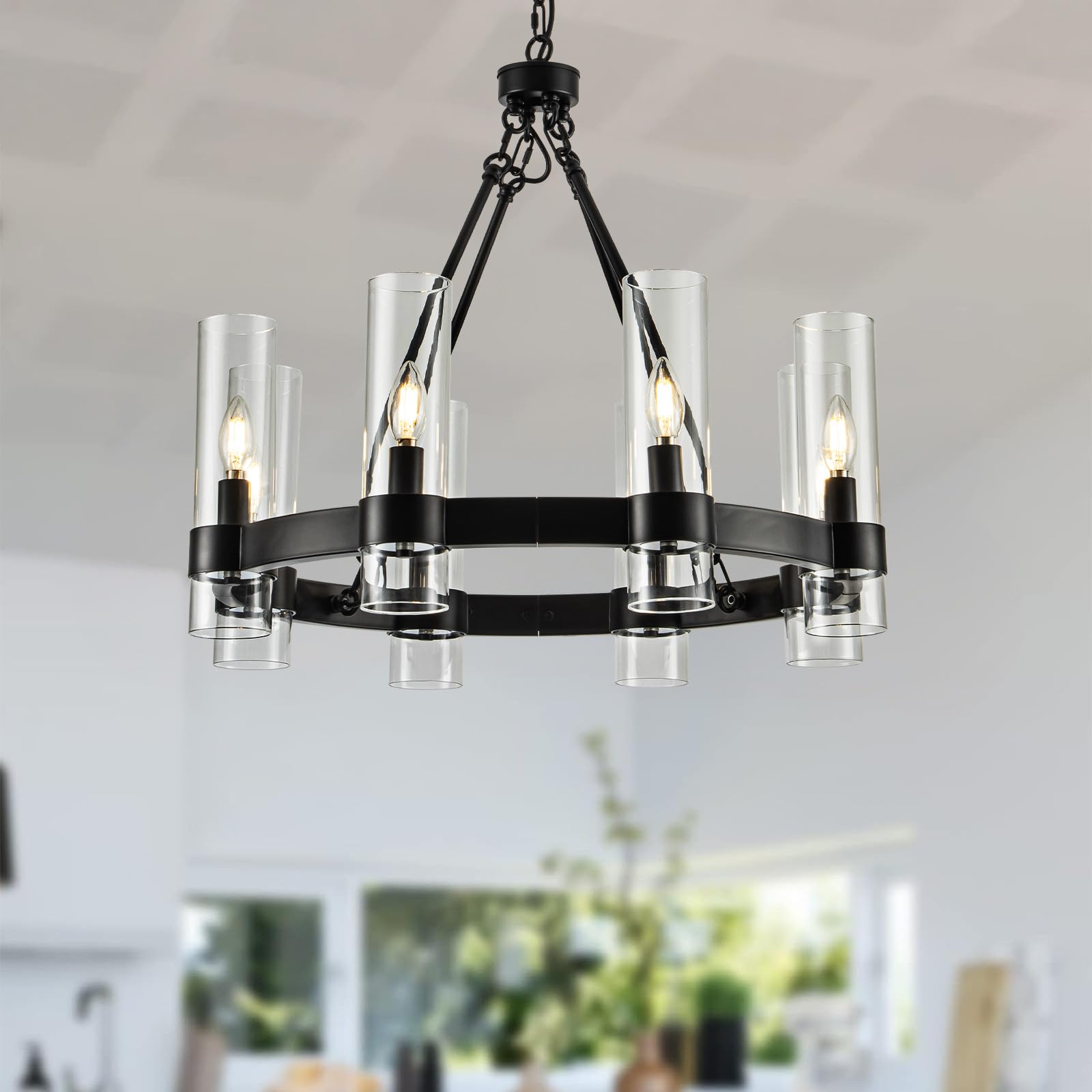 MAYNA 26 Inch Black Wagon Wheel Chandelier with Glass Shade - 8 Light Modern Farmhouse Ceiling Light Fixture for Dining Room, Kitchen, Entryway - Perfect for Rustic Home Decor & Country Style Interiors