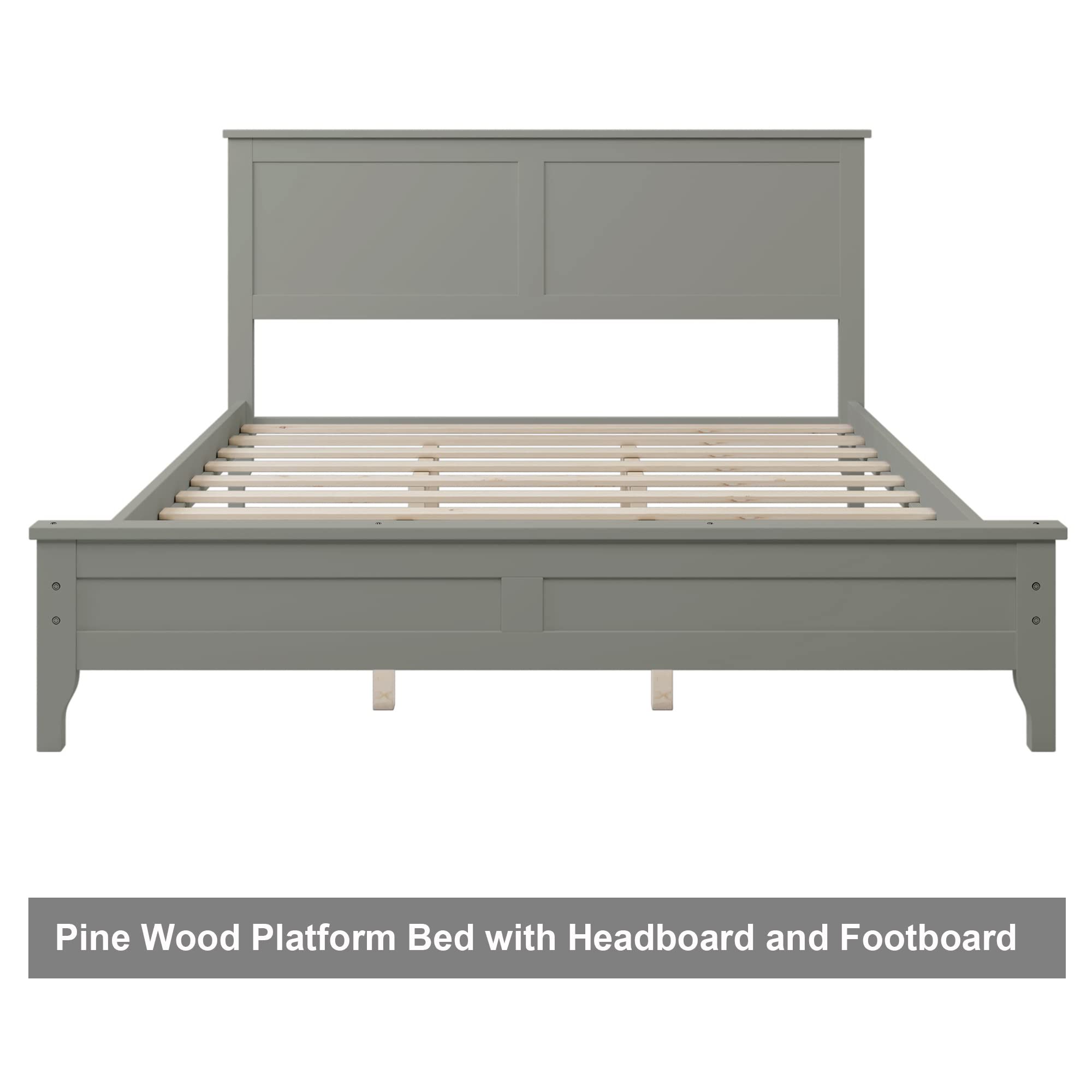 Queen Size Bed Frame with Headboard - 800 lbs Heavy Duty Platform Bed in Gray Pine Wood for Bedroom