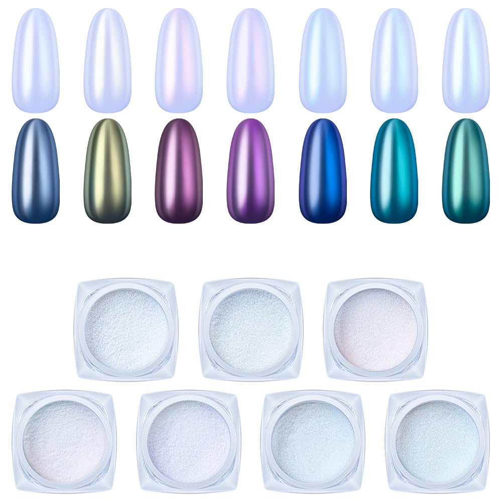 7-Color Chrome Nail Powder & Glitter Set - Rose Gold, Silver & More | Laser Pigment Dust with Sponge Applicators | DIY Sparkly Nail Art Decorations | Perfect for Manicures, Pedicures & Nail Salon Designs