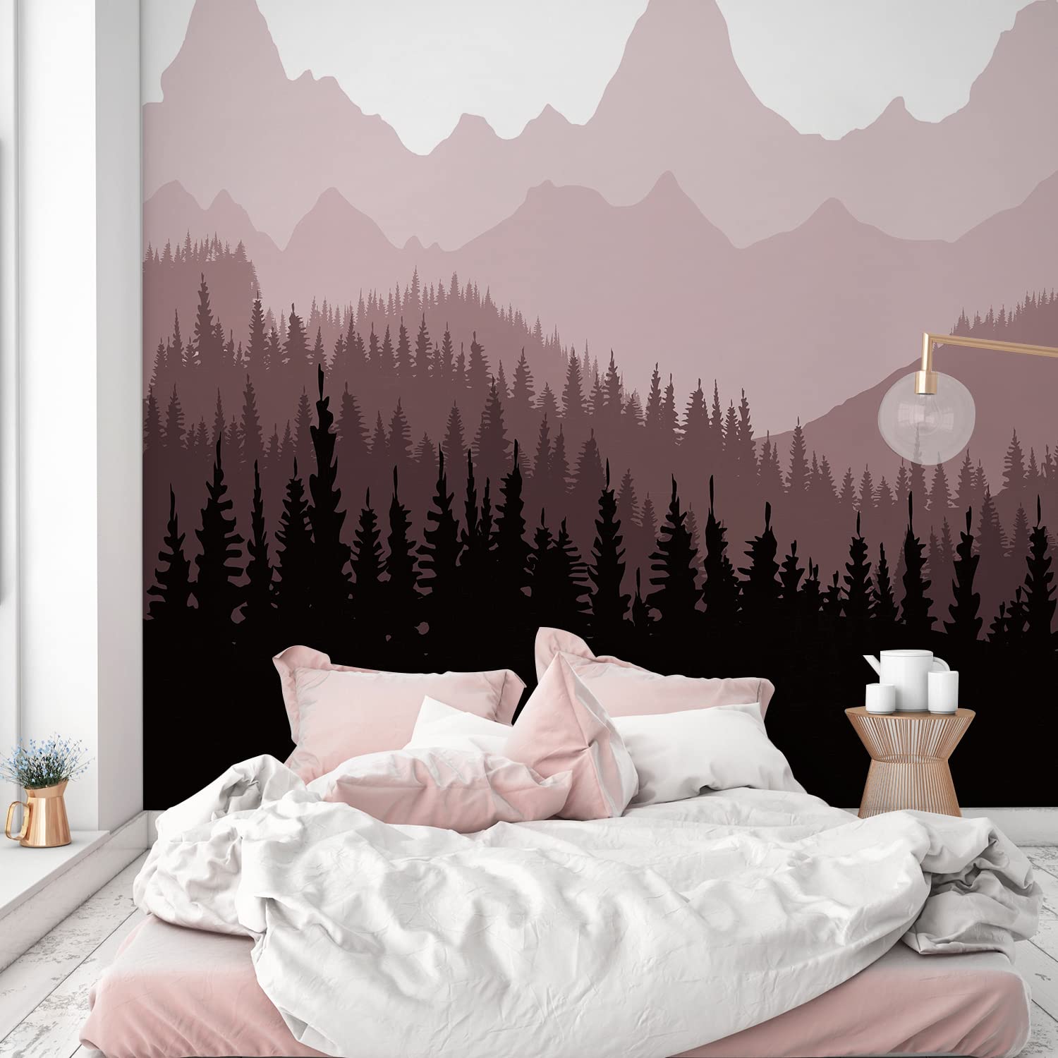 Alwayspon Peel and Stick Fabric Wall Mural Sticker - Self-Adhesive Landscape Wallpaper for Living Room, Bedroom & Nursery Decor - Pink Mountain Design - Easy DIY Home Improvement for Walls