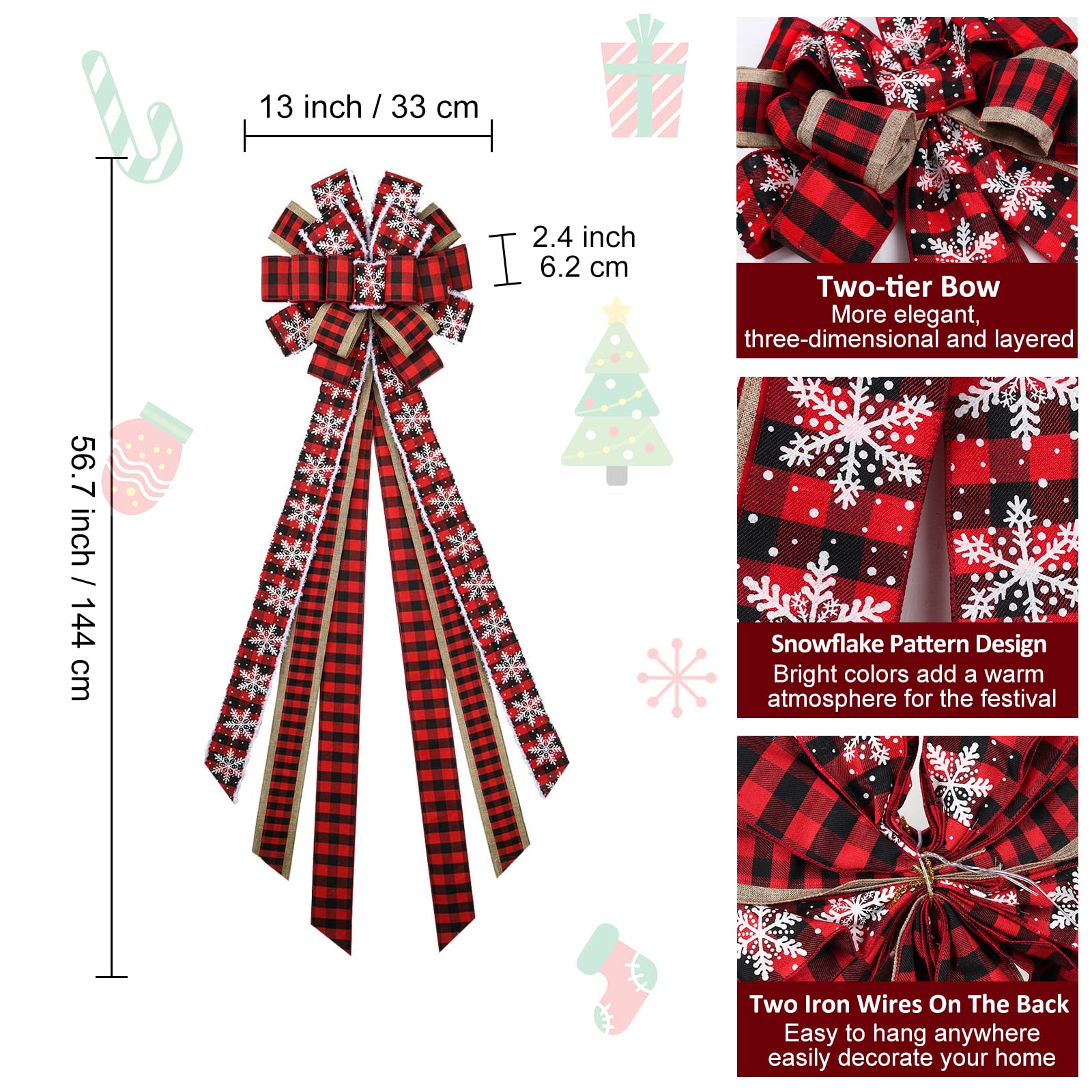 RECUTMS Christmas Tree Topper Bows - Large Red Burlap Bows for Outdoor & Indoor Holiday Decorations | Perfect for Christmas Tree Decor, Wreaths, Gift Wrapping & Fireplace Mantel