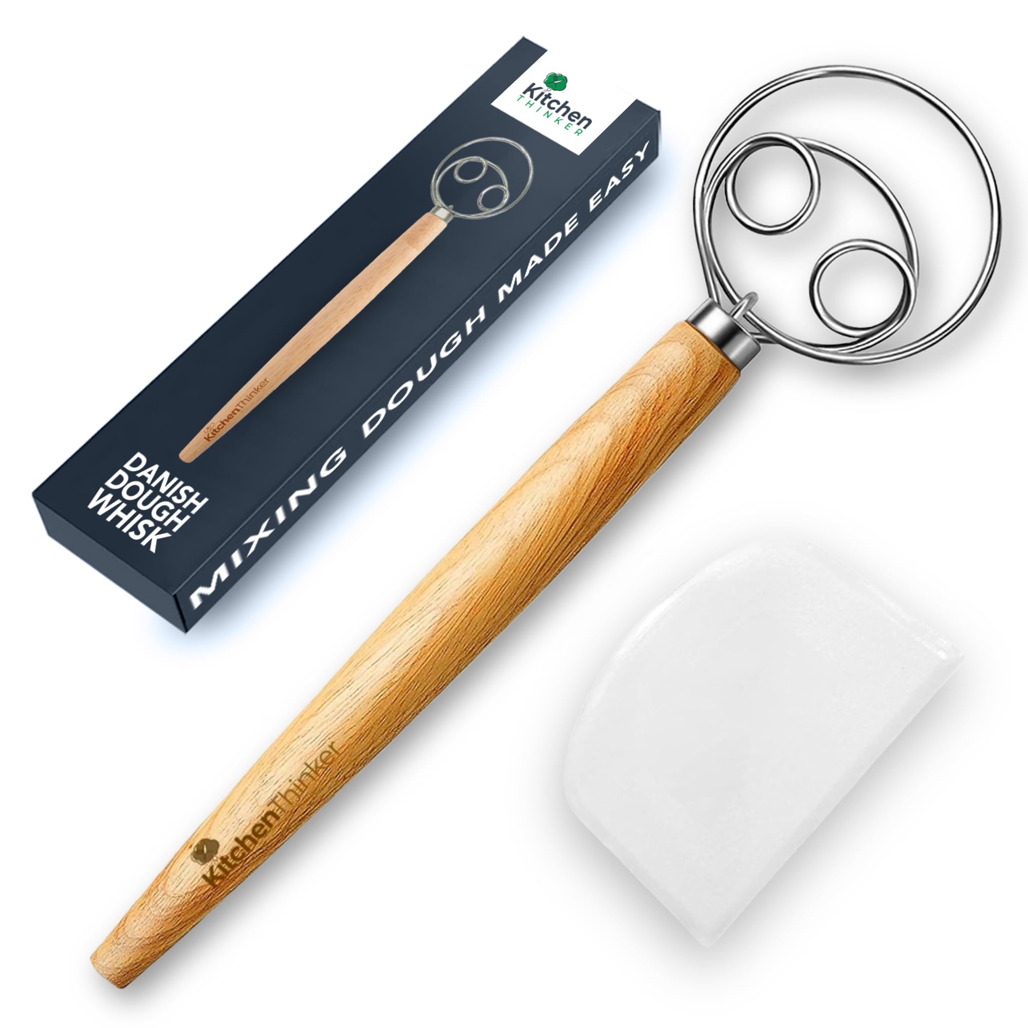 13 Inch Danish Dough Whisk with Dough Scraper - Stainless Steel Dutch Bread Whisk & Sourdough Baking Tool - Perfect for Homemade Bread, Pizza Dough, Pastries & Artisan Baking