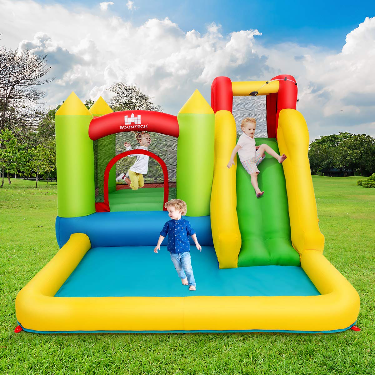 **HONEY JOY 5-in-1 Giant Inflatable Water Slide with Climbing Wall, Splash Pool & Slides - Outdoor Blow Up Water Park for Kids & Adults - Backyard Summer Fun (Includes 480W Blower)**    **Perfect for backyard parties, summer gatherings, family fun, and outdoor water play!**