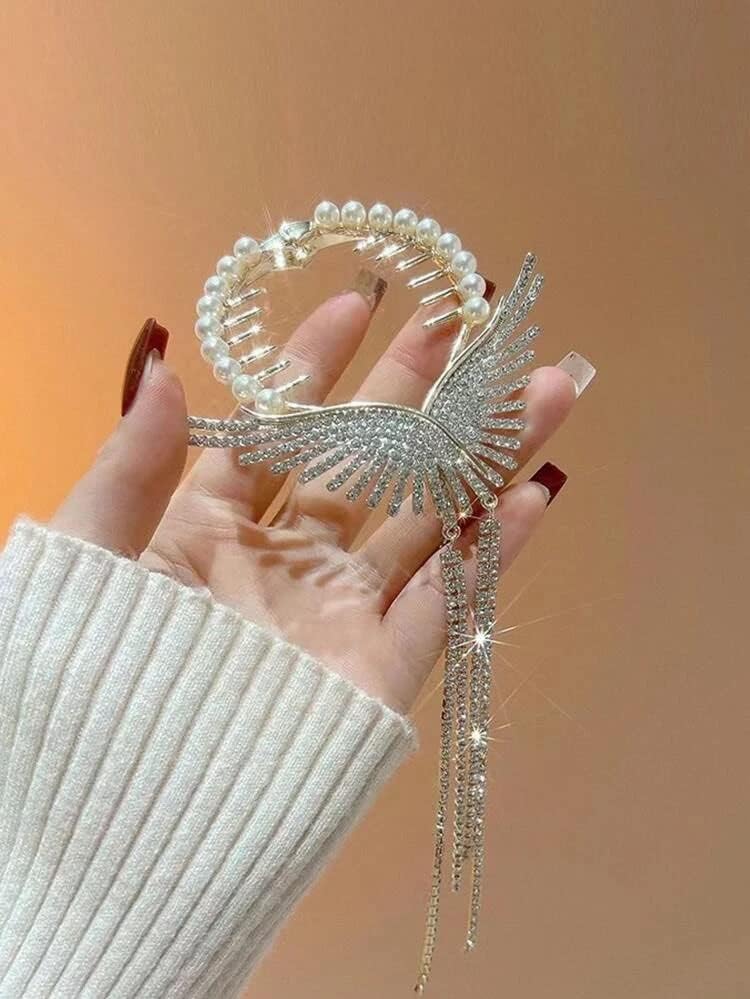 1 Pcs Rhinestone Wings Banana Clip - Alloy Hair Claw Bun Holder with Tassel - Vintage Hair Accessories for Women, Party, Wedding & Special Occasions